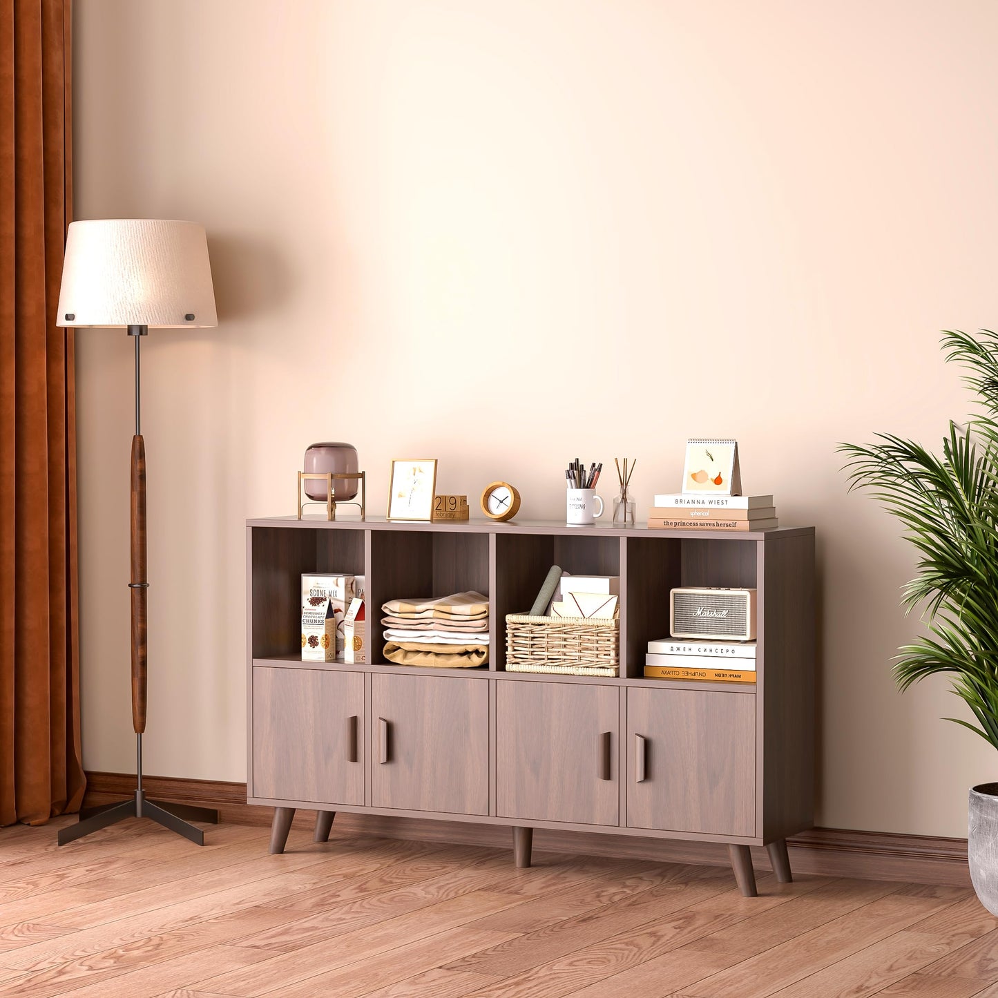 OSCHF Cubby Shelf Bookcase with Doors - Wooden 8 Cubes Floor Standing Open Bookshelf with Solid Wood Legs, 2-Tier Low Storage Cabinet, Walnut