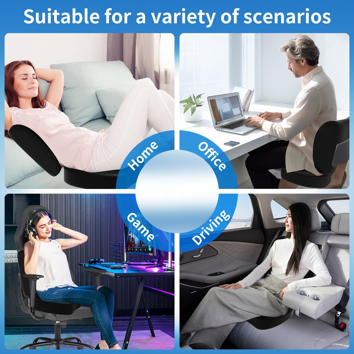 assountgh Seat Cushion &Office Chair Cushion,Lumbar Support Pillow for Office Chair,Ergonomic Memory Foam Non-Slip Office Chair Cushion,Back Support Cushions for Tailbone&Sciatica Pain Relief Black