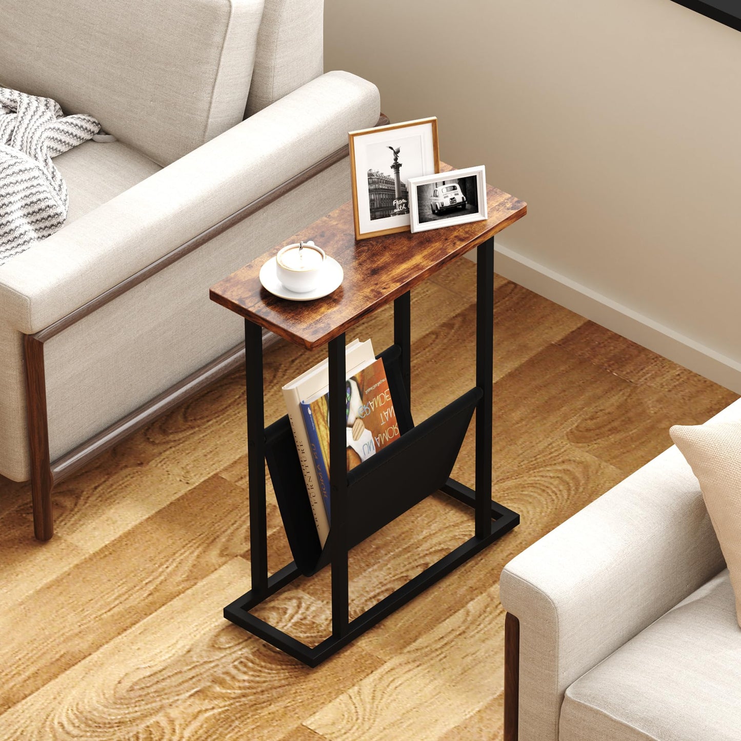 Yusong Narrow Side Table for Small Spaces, Small End Table with Magazine Holder, Skinny Slim Little Thin Table for Living Room, Bedroom, Sofa, Rustic Brown