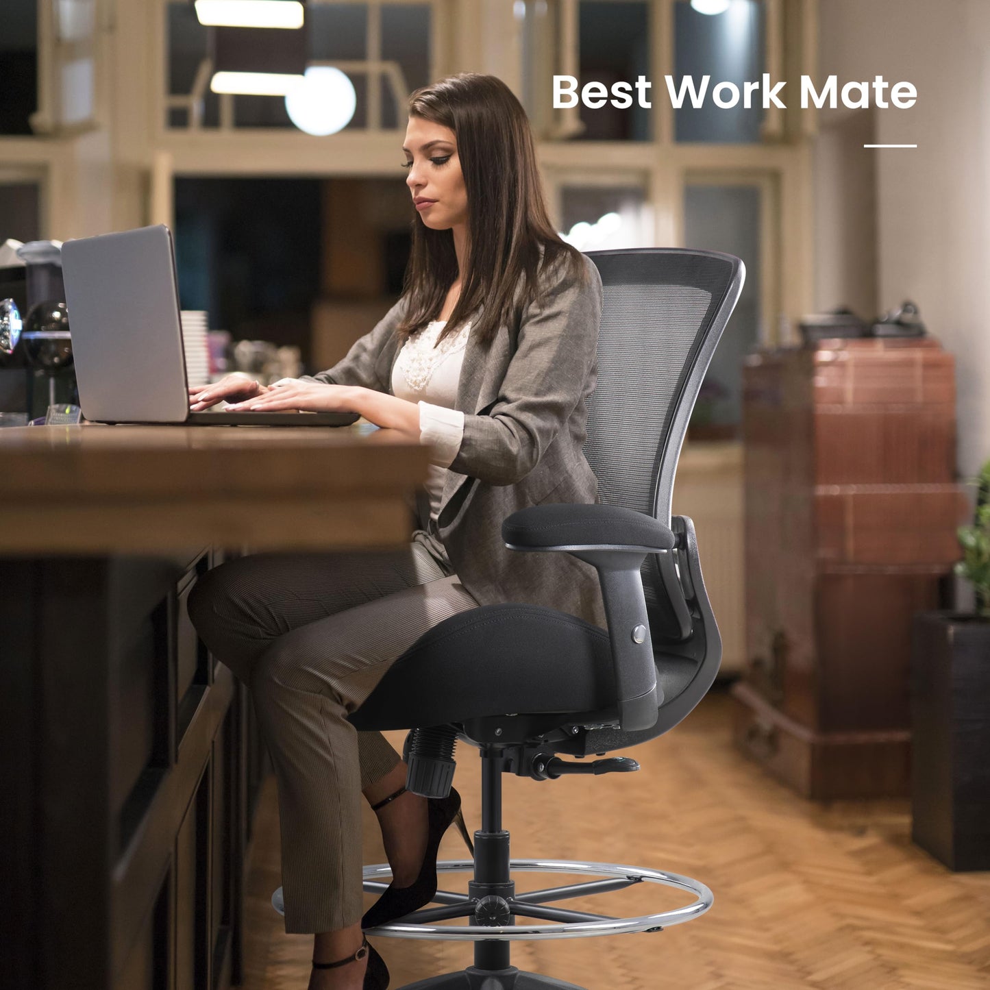 BOLISS 400lbs Mid Back Mesh Ergonomic Drafting Chair for Standing Desk Office Wide Chair Built-in Lumbar Support Big Adjustable Foot Ring Height Adjustable Armrest (Black)