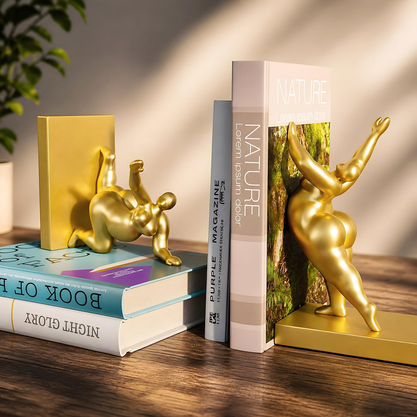 Decorative Bookends Set of 2 – Modern Sculptural Art Book Ends with Adjustable Magnetic Phone & Tablet Holder – Premium Resin with Metal Plate – Contemporary Home & Office Decor – Metallic Gold