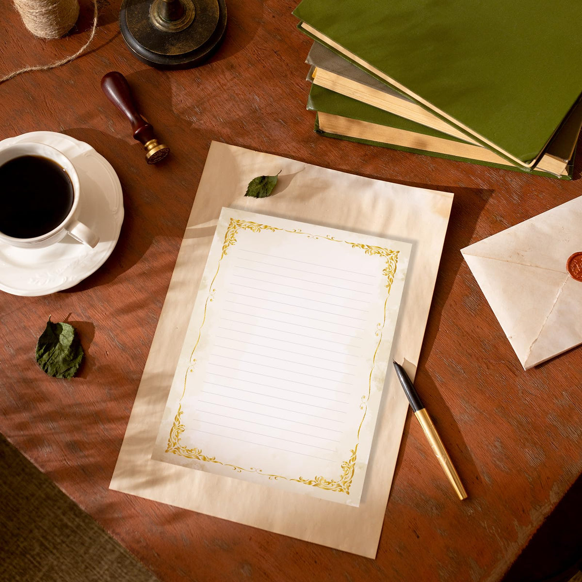Whaline 60 Vintage Stationery Paper Set Gold Border Letter Writing Paper with Envelopes for Greeting Card Invitation Office Printing, 8.5 x 11 Inch