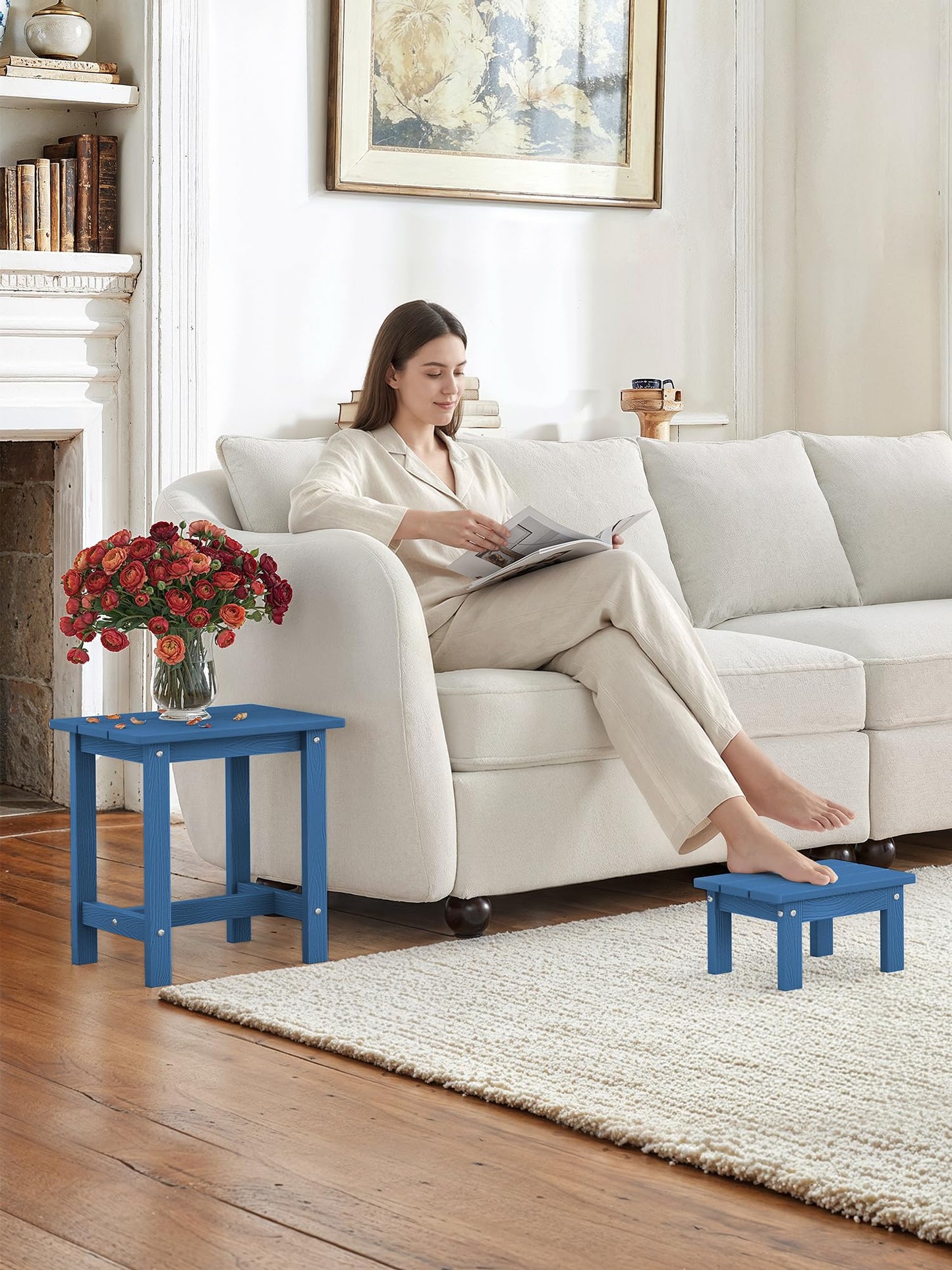 LUE BONA Outdoor Side Table, 2-Tier HDPS Outdoor Nesting End Table with Removable Small Foot Stool for Patio, Deck, Poolside, Low Maintenance & Weather Resistant, Navy