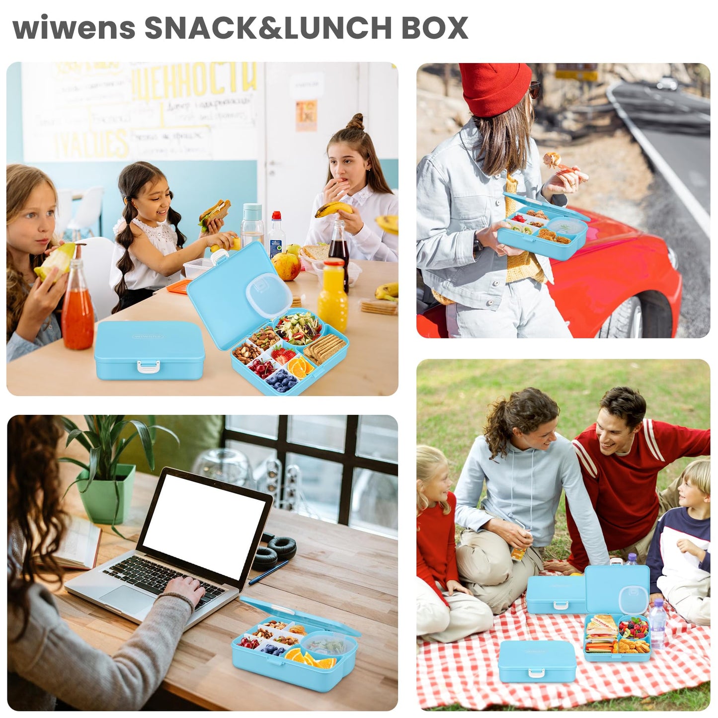 wiwens Snack Box Container for Kids Adults Reusable Snackle Box with Adjustable Dividers Airtight Snack Organizer with Compartents Toddler Bento Lunch Box Leak Proof for Office,School,Travel,Outdoor
