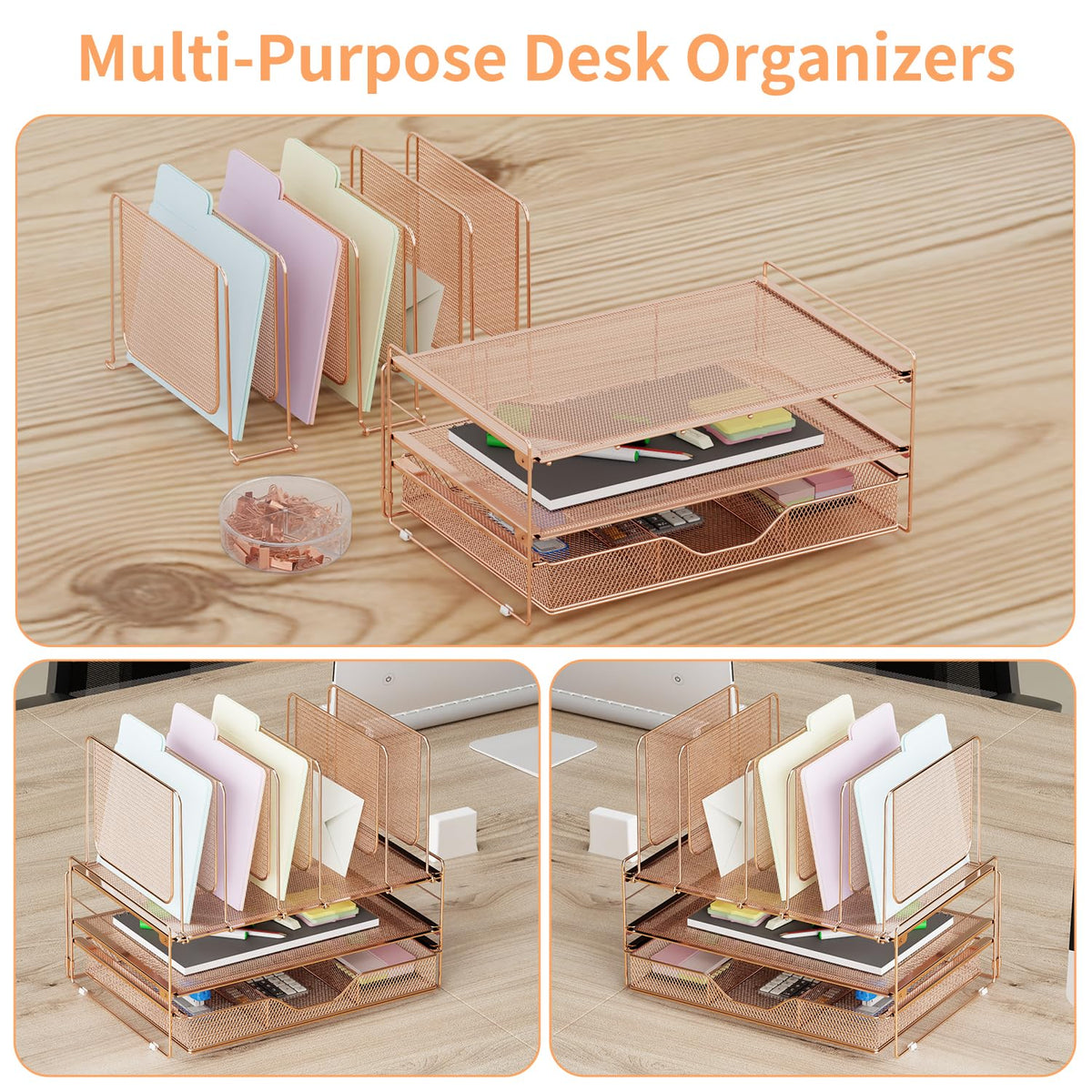 LEKETREE Rose Gold Desk Organizer, Office Organization with Vertical File Holder, File Organizer with Drawer and Office Supplies, Desk Accessories and Workspace Organizers (Rose Gold)