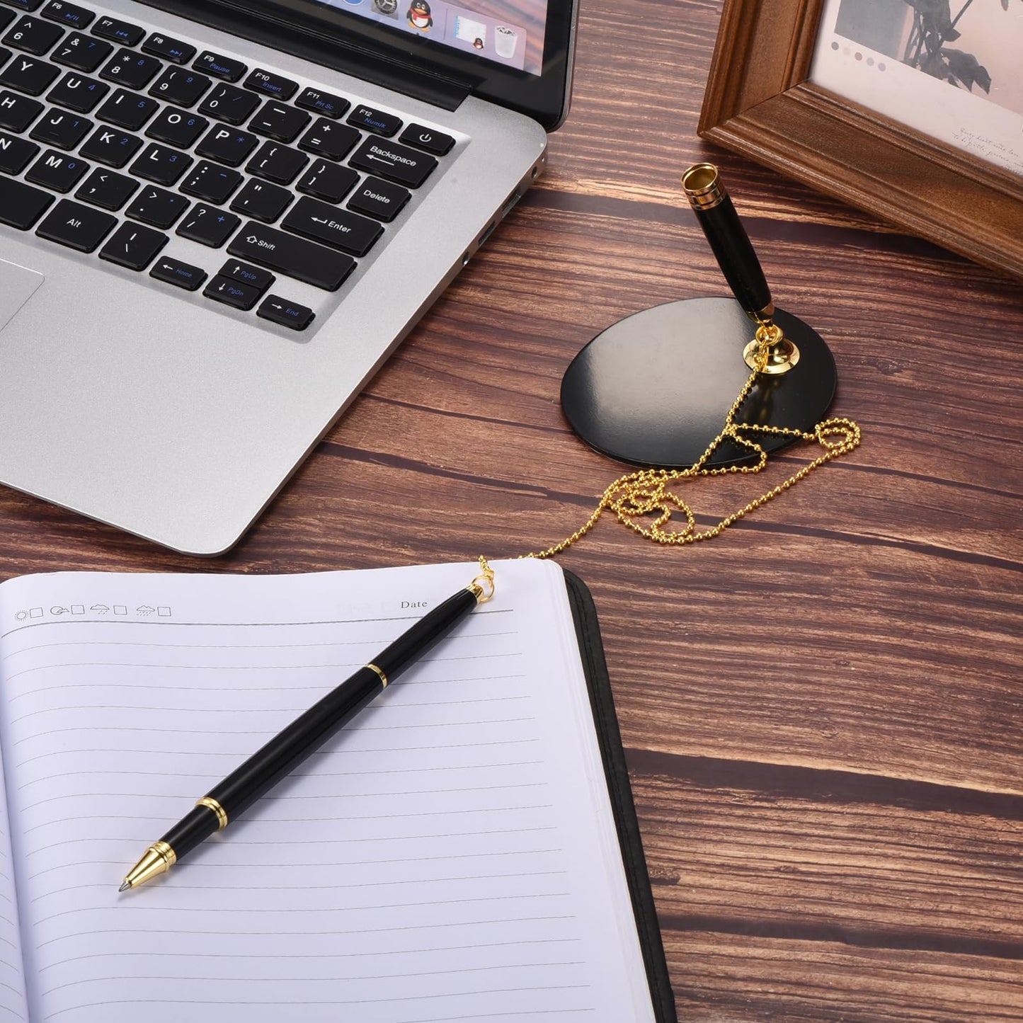 PATIKIL Secure Pen with Chain and Adhesive Pen Holder, 2Pcs Reception Counter Desk Pen with Security Pen Holder for Office Bank Hotel Lobby, Black Gold