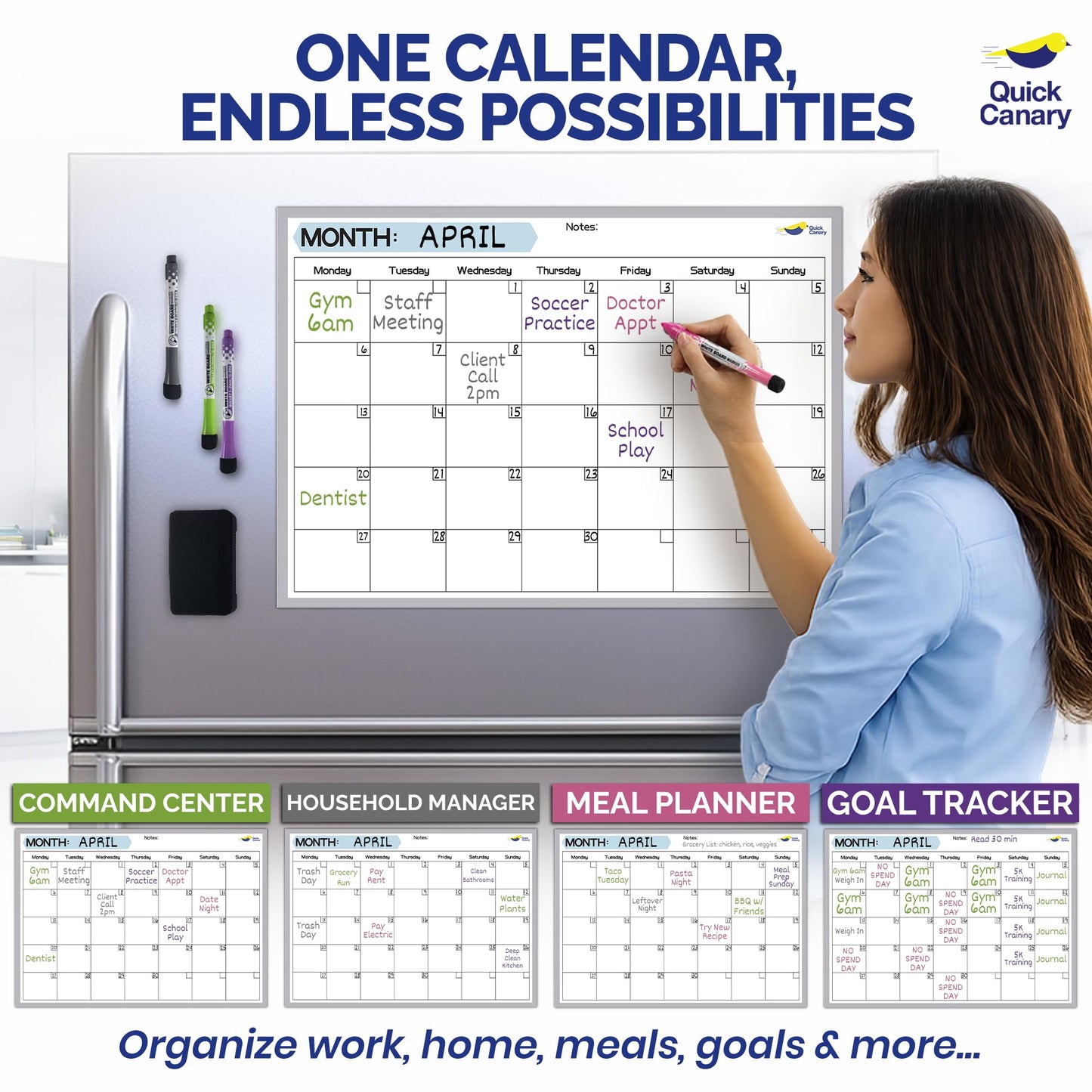 Monthly Magnetic Calendar for Refrigerator - 17x12” Stain-Resistant Dry Erase Fridge Calendar Whiteboard with Large Writing Space for Schedules, Chores & Meals - With 4 Markers & Eraser - Monday Start