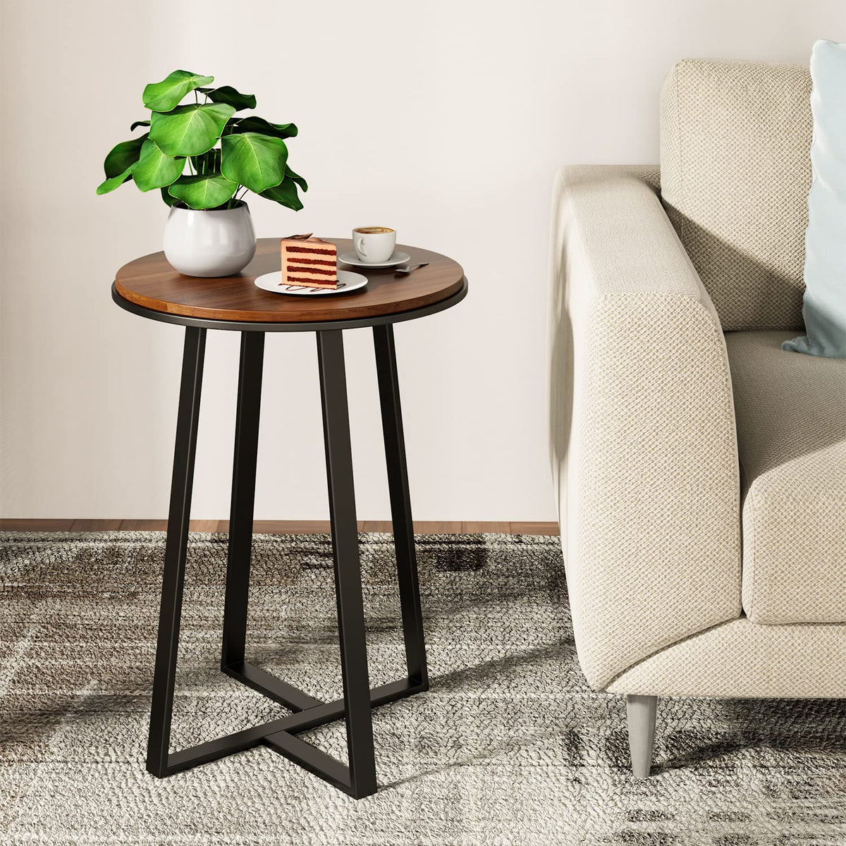 Dorriss Round End Tables, Small Side Table Walnut Color MDF Top, Metal Frame Black, Tall End Table for Bed Room, Coffee Tea End Table for Living Room(Walnut+Black)