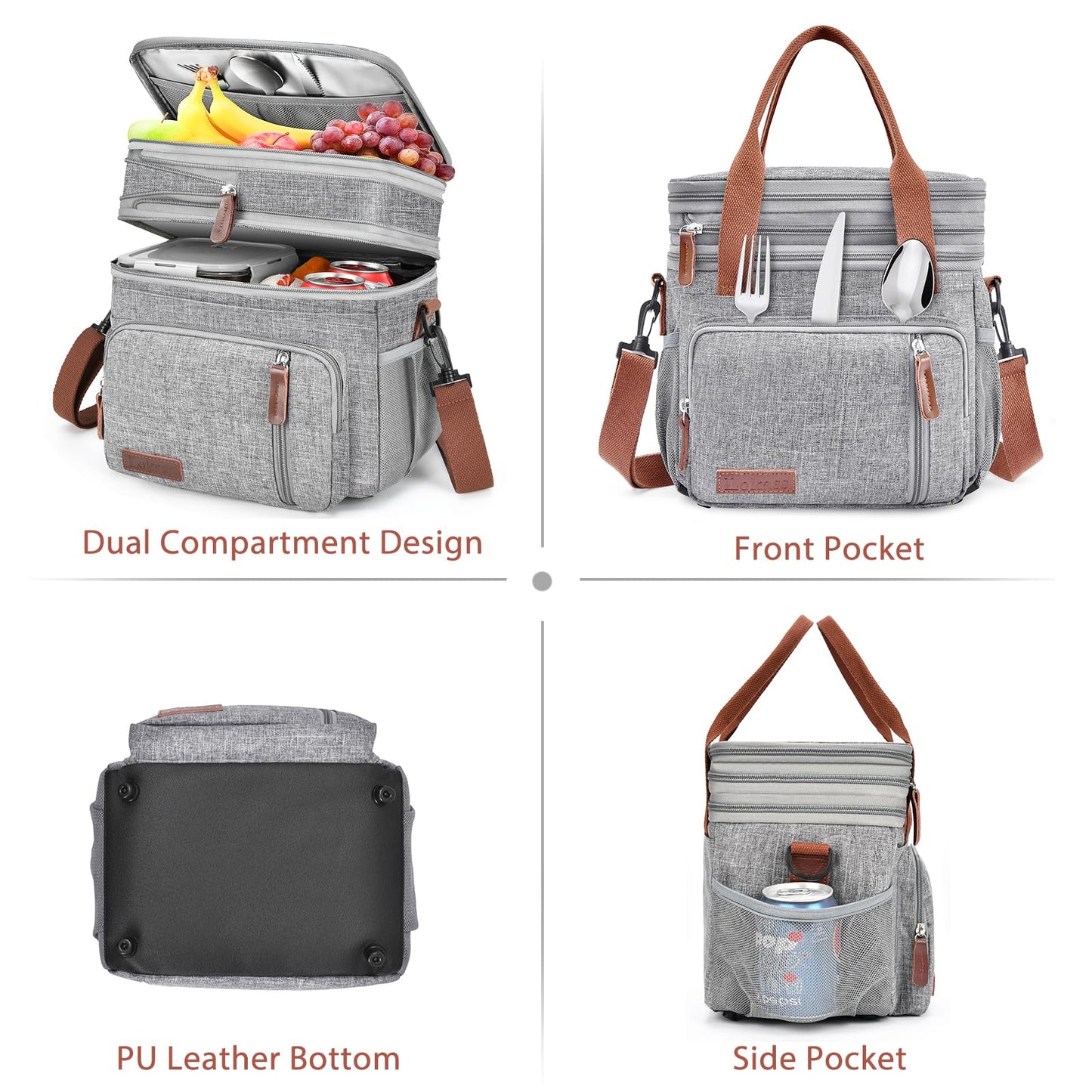Lunch Box & Lunch Bag for Women Men, Expandable Large Insulated Adult Lunch Bag with Strap, Double Deck Leakproof Lunchbox Durable Cooler Bags for Work Picnic Beach,16L, Gray