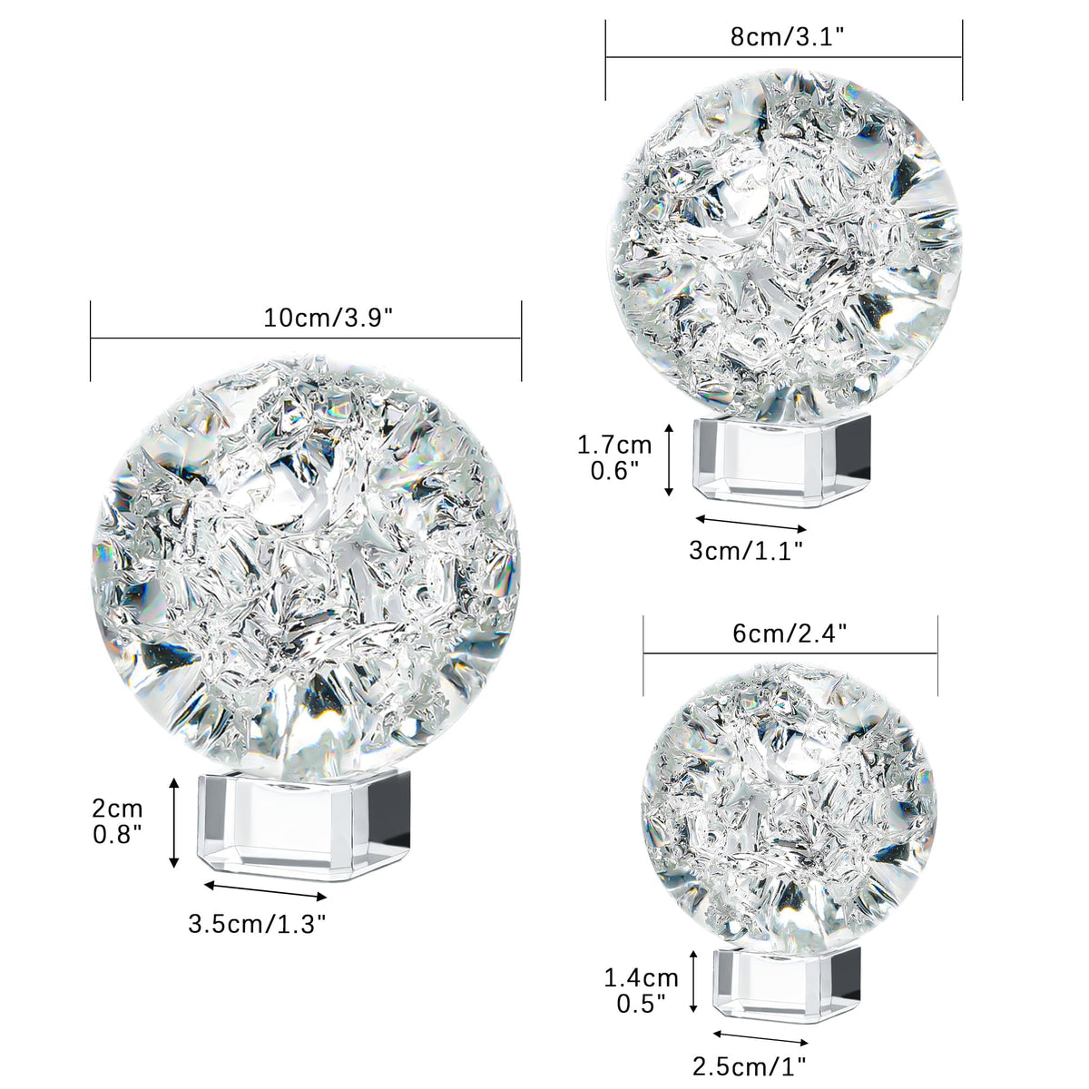 ZEERSHEE Set of 3 60/80/100mm Crystal Cracked Balls Glass Globe Paperweight Decor Solid Decorative Sphere with Stand Feng Shui Divination or Fortune Telling Ball