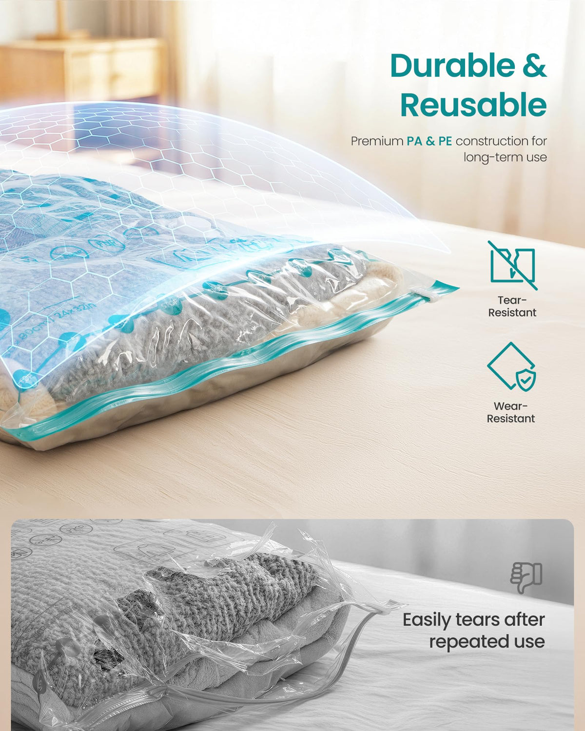 SONGMICS Vacuum Storage Bags, Rechargeable Portable Electric Pump, Space Saver Vacuum Seal Suction Bags for Clothing Travel Bedding, Reusable, 9 Pack, 3S/3M/3L, Transparent ULVB201W101