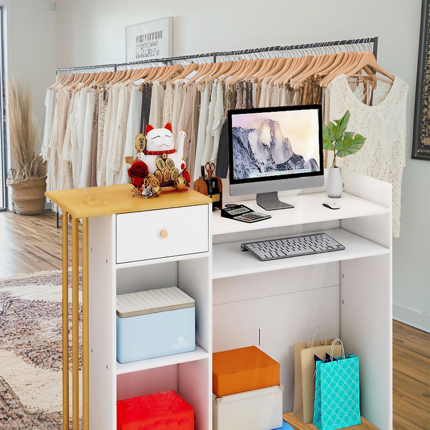 Reception Desk, Reception Counter with Drawers and Storage Shelves, 39 inch Retail Counter for Checkout with Cable Grommet, Suitable for Salons, Beauty, Clothing Stores,Thickened Wooden Board