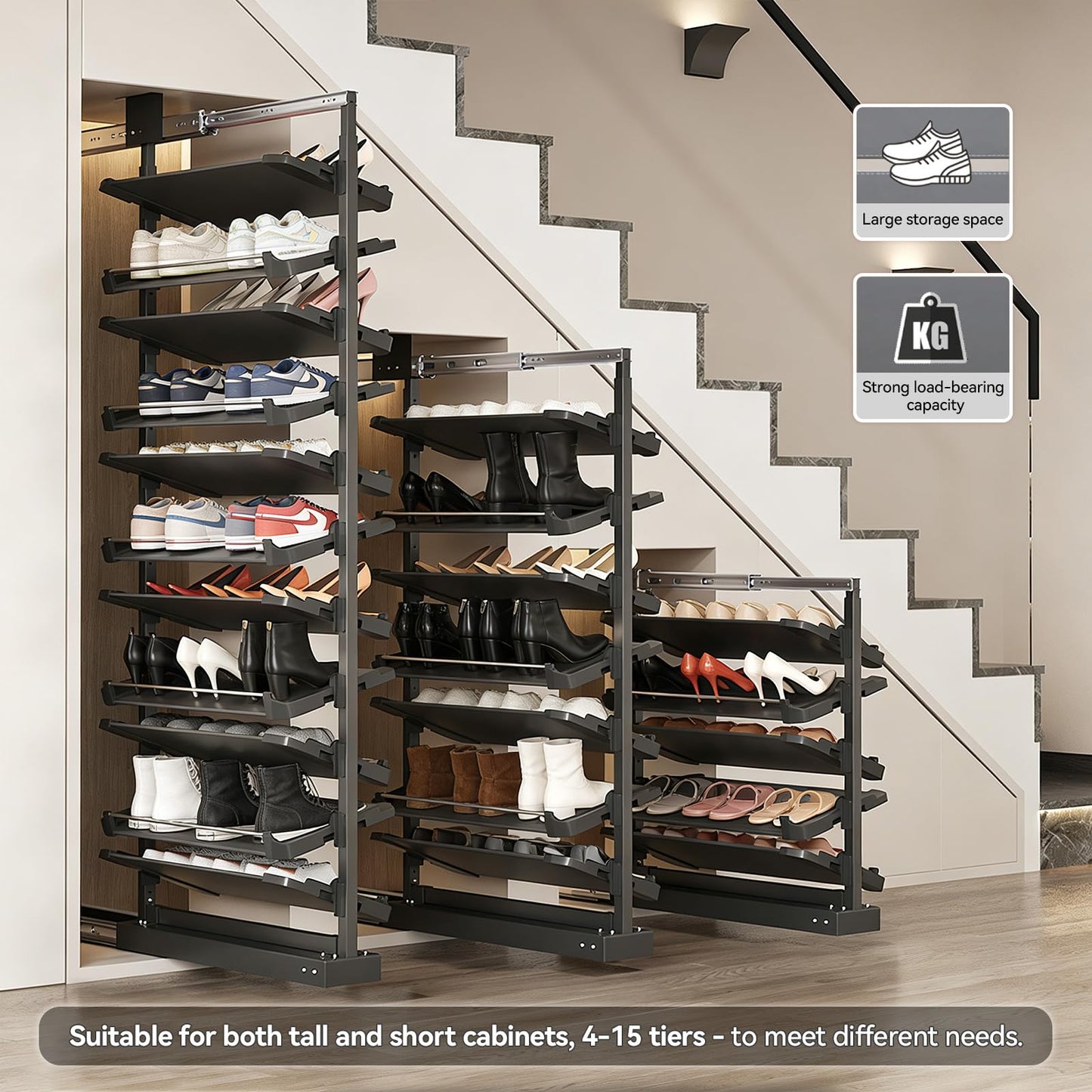 4-15 Tier Cabinet Pull Out Shoe Rack, Adjustable Vertical Shoe Organizer for Closet and Wardrobe Cabinet, Heavy Duty Slide Out Shoe Storage System, Under Stairs Storage, Fits Depth 17.7"-34.3"