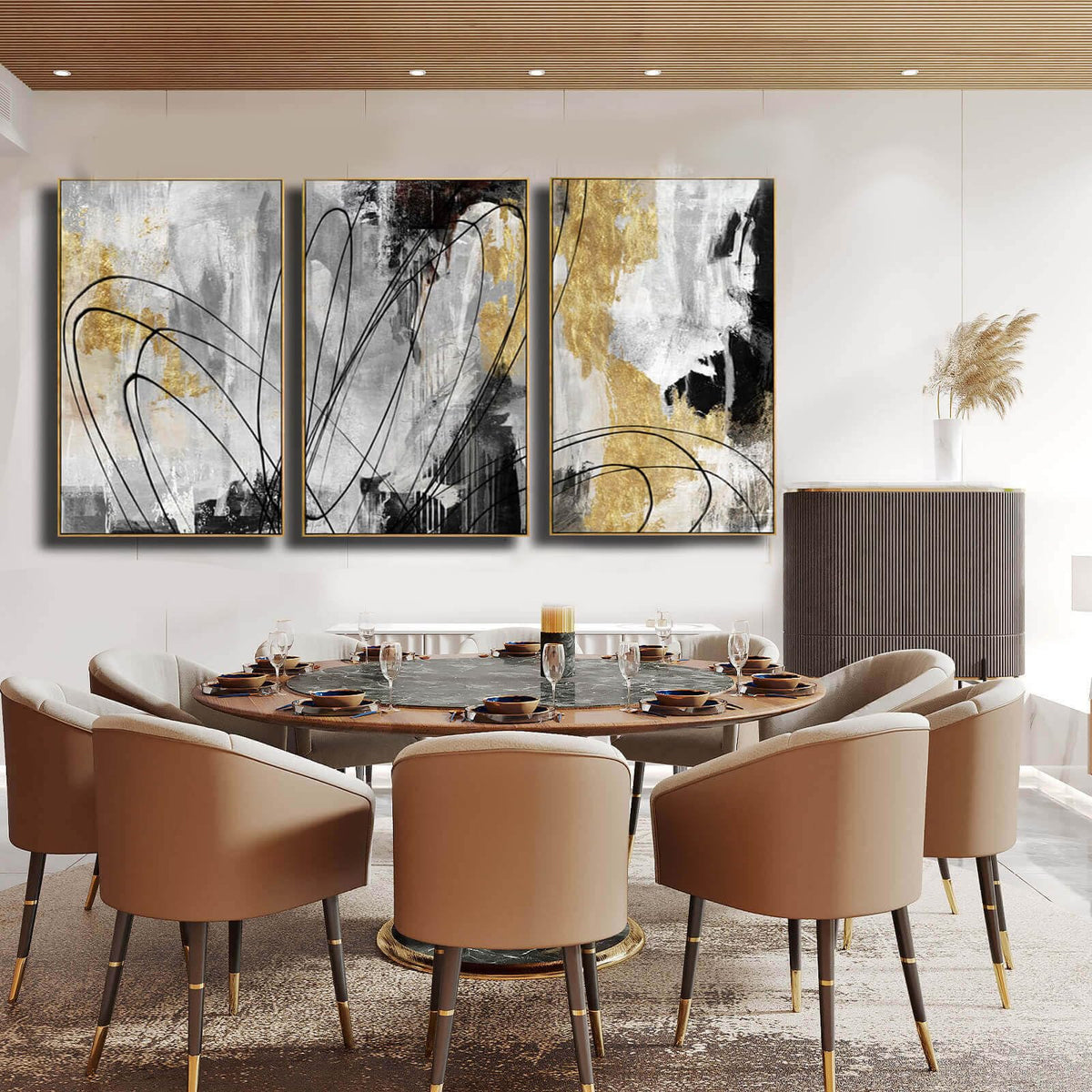 YJYart Gold Wall Art Abstract Wall Art Living Room Decor Black and White Canvas Picture Home Decor Wooden Frame Line Paintings Modern Artwork Office Decor 24"x 36"x 3 Pieces