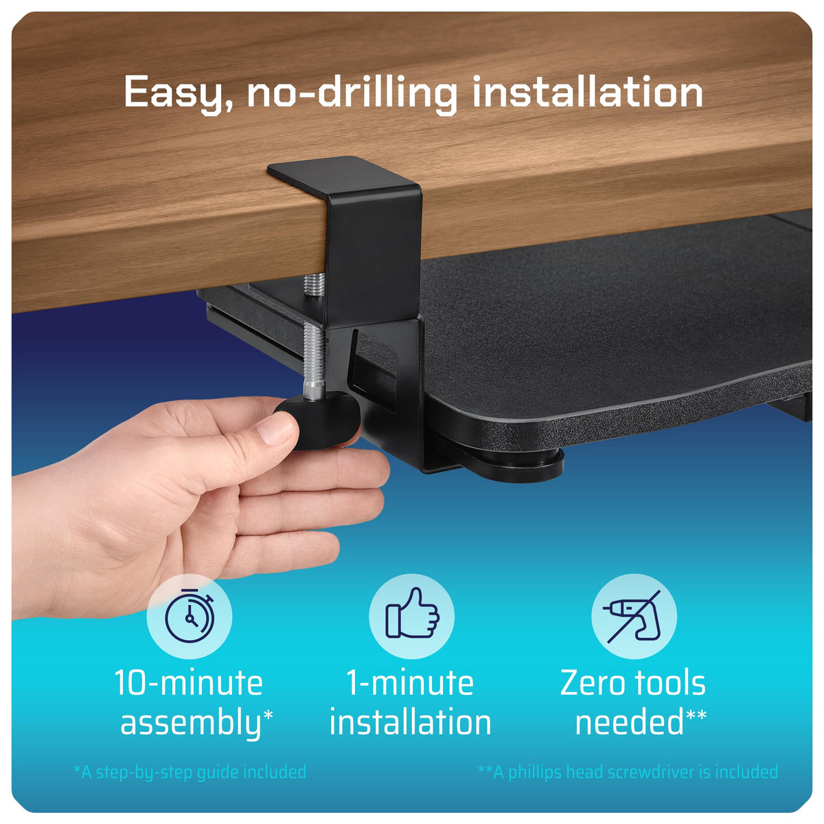 WORKNEST Keyboard Tray | Under Desk Keyboard Tray Slide Out w/Adjustable C-Clamps for Desks Up to 1.5-Inch-Thick | Clamp On Drawer with 1x USB-C to 4 USB-A Hub and 1x Five-Cable Management Organizer