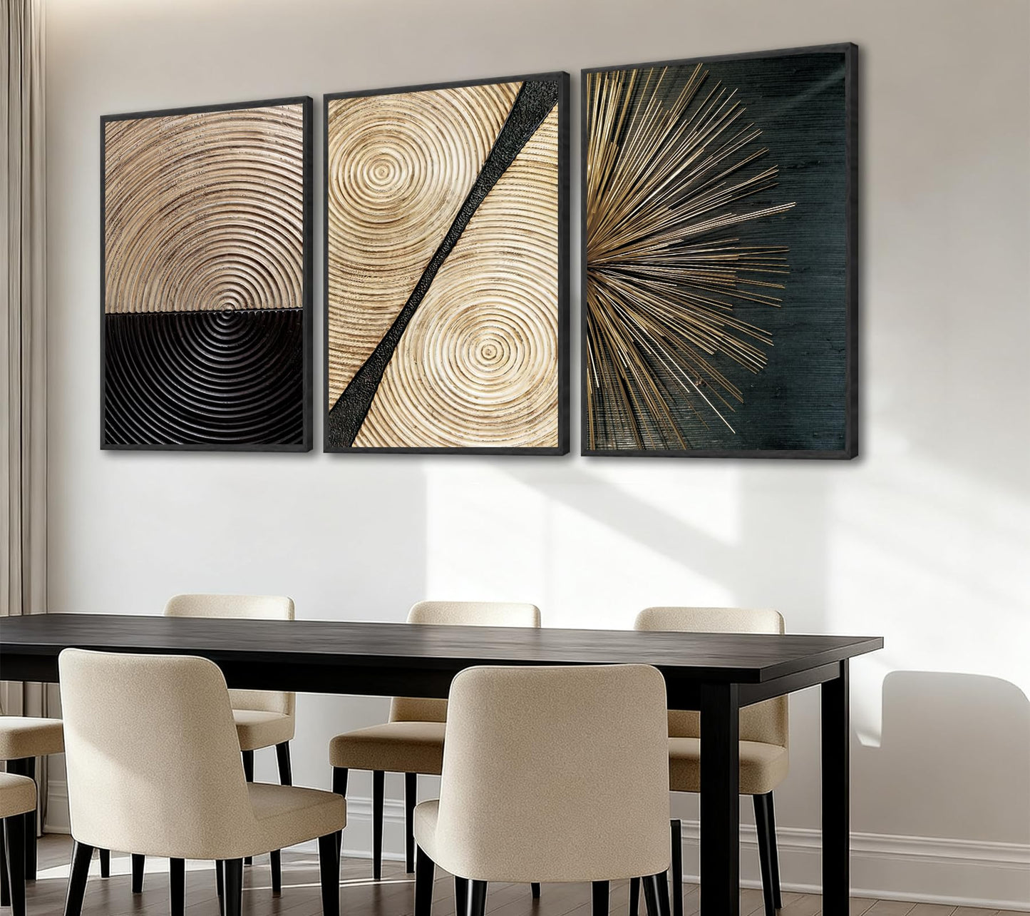 3Pcs Retro Wood Grain Canvas Wall Art Minimalist Black Gold Abstract Line Painting Pictures Wall Decor Neutral Geometric Beige Brown Poster Prints for Bedroom Office Decoration 12x16in Unframed