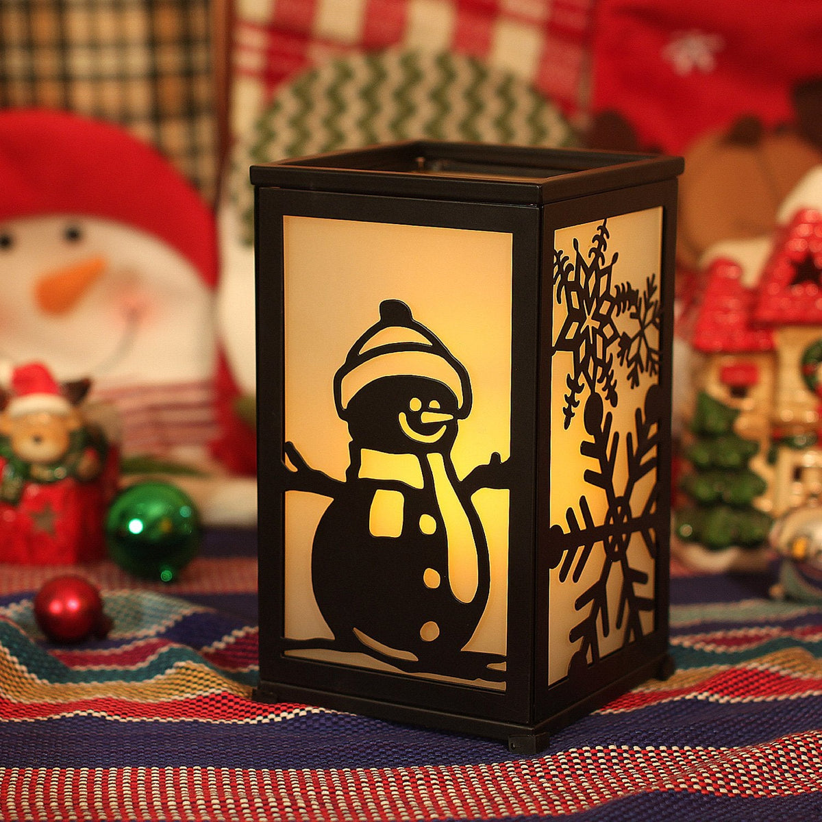 Decorative LED Candle Lantern with Timer & 12 Magnetic Seasonal Panels - Battery Operated Flameless Flickering Candle - Rustic Black Metal Lantern for Indoor & Outdoor Home Decor, 5” x 5” x 8.5”