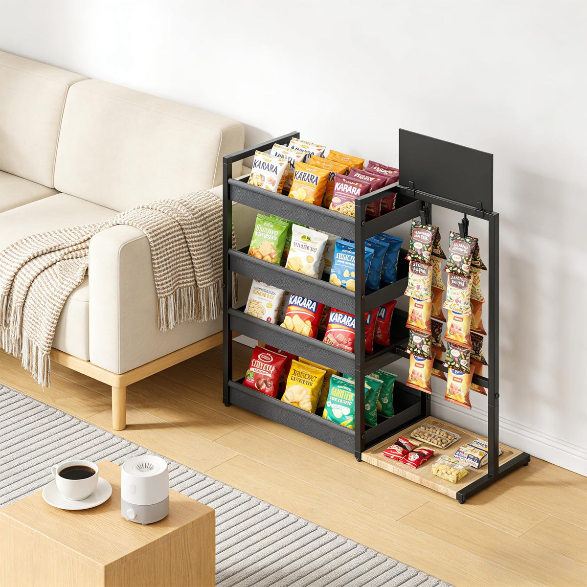 DEMEGA 4-Tier Snack Organizer with 20 Clips, Large Capacity Snack Rack with Message Board, Modern Industrial Snack Cart for Kitchen Office Store Party Countertop, Matte Black Metal & Oxford Fabric Snack Storage