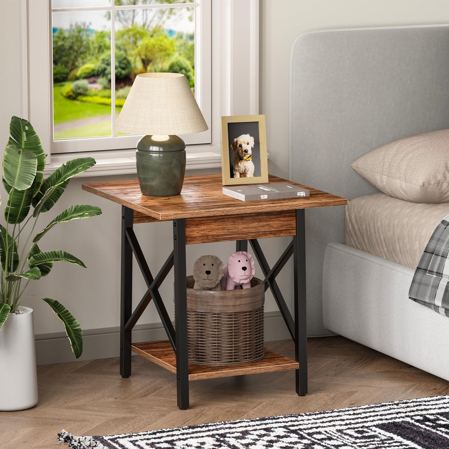 GreenForest End Table 24 inch for Living Room, Large Square Side Tables with X-Frame, Tall Industrial Bedside Nightstand with 2-Tier Storage, Rustic Walnut