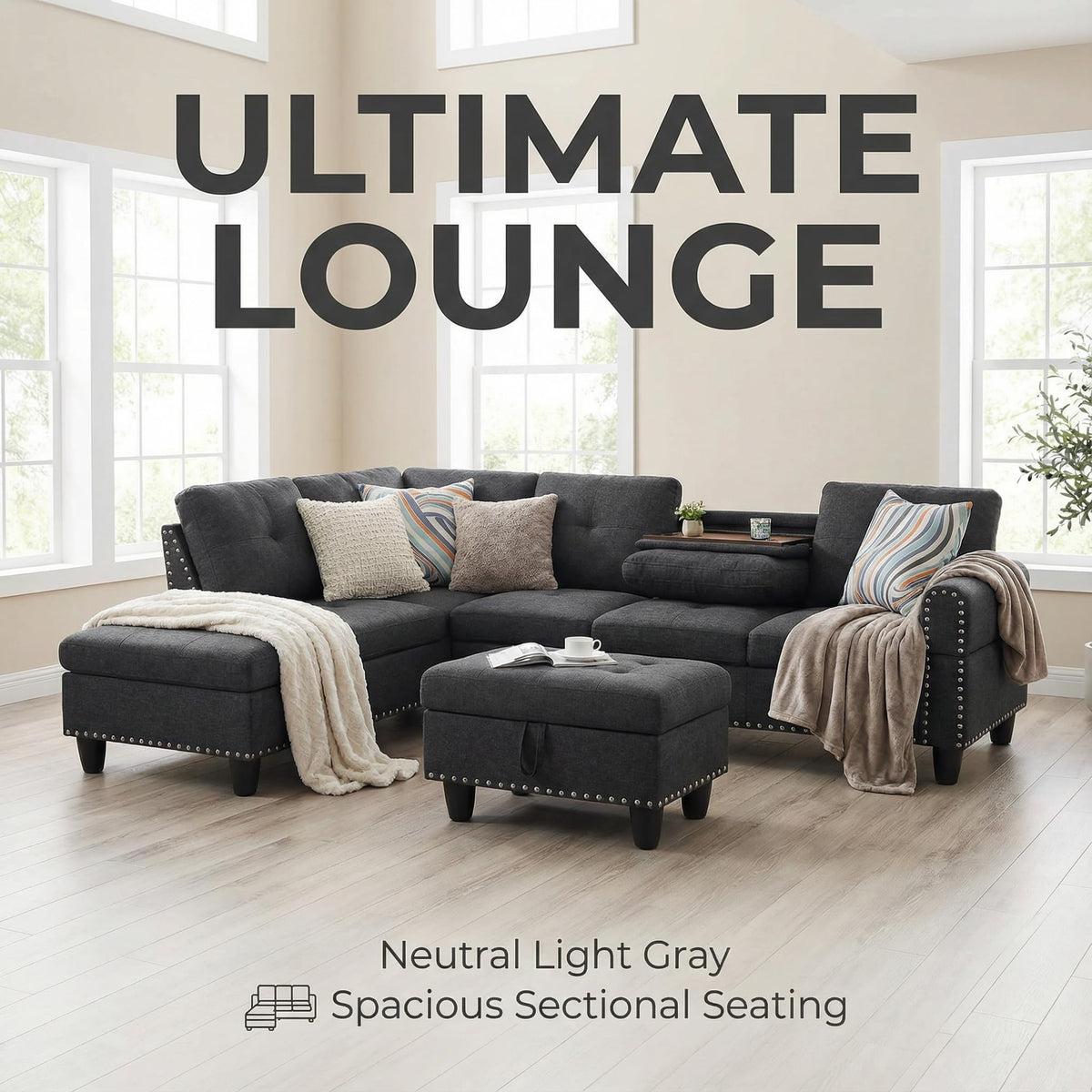 Trygoal 3-Piece L-Shaped Modular Sofa – Convertible Sectional Couch with Movable Chaise & Storage Ottoman, Multi-Scene Use for Living Room, Apartment & Office, Black Grey
