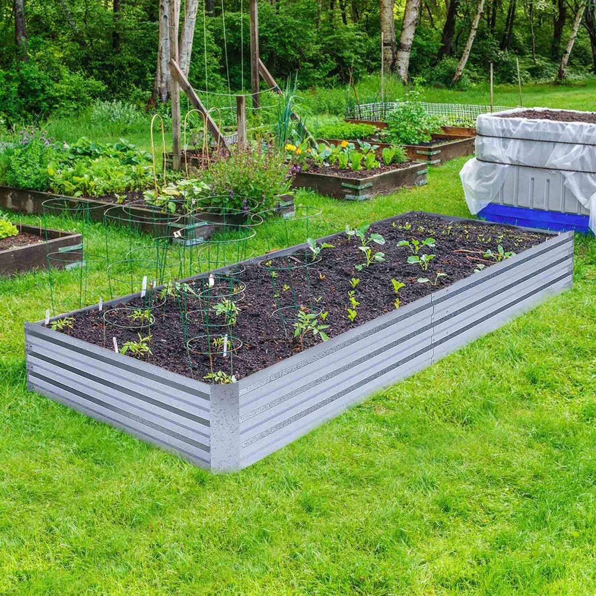 FOYUEE Galvanized Raised Garden Bed (8x4x1ft) – Overlapping 4-Inch Panels + 4 Support Bars, Heavy-Duty Metal Planter Box for Vegetables, Herbs, Flowers, No-Deformation Steel Garden Kit