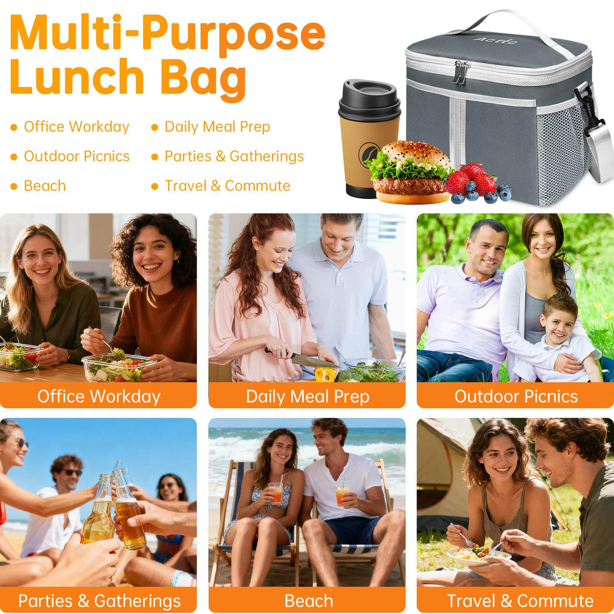 Aotto Insulated Lunch Bag - Large Thermal Tote for Women & Men, Reusable Cooler with Front Pocket, Dual Side Pockets, Interior Mesh Organizer & Adjustable Shoulder Strap for Office, Travel, Picnic
