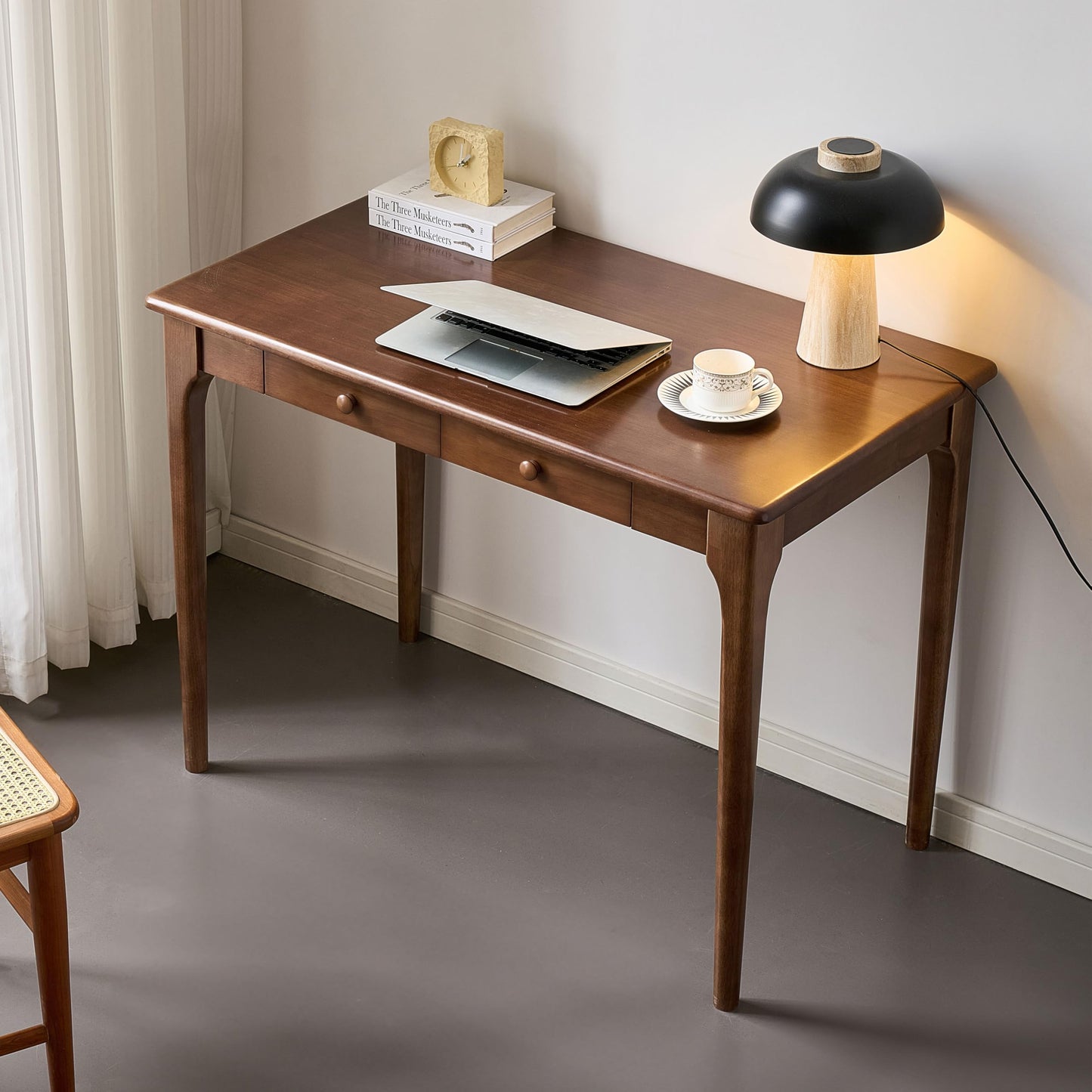 KTVVKTVV Natural Solid Wood Desk with Drawers,Mid Century Modern Real Wood 40" Writing Desk,Home Bedroom Computer Office Workstation Desks,Small Spaces,Walnut Color