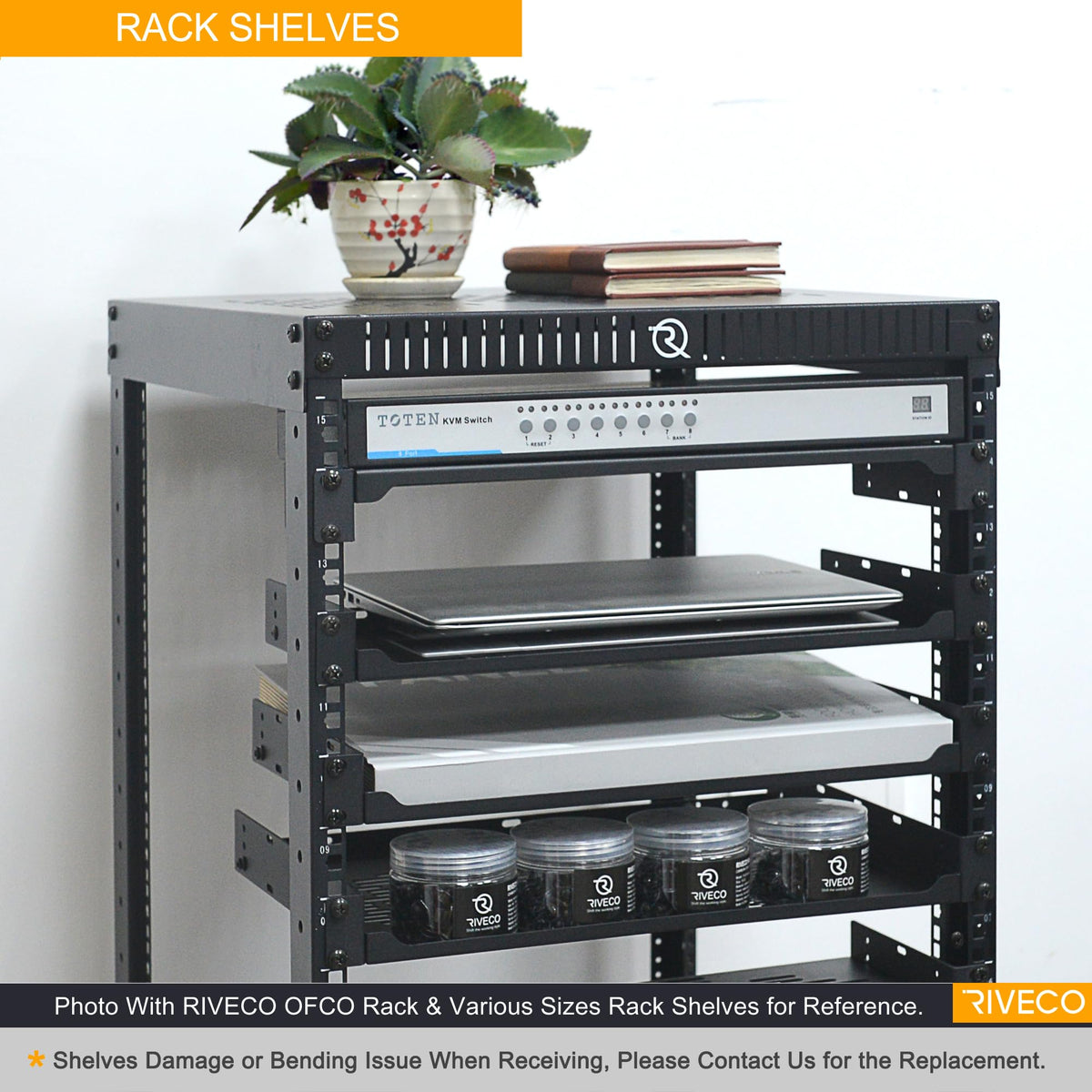 RIVECO 2 PCS 12” Rack Shelves for 19 inches Network Rack & Cabinets, 1U Rack Mount Shelf Vented Cantilever Tray, for Server, IT & Sound Equipment