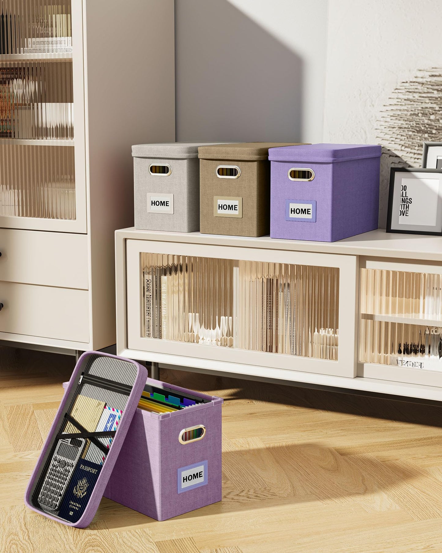Oterri File Organizer Box with Lid, Hanging Filing File Box with Mesh Pocket, Document Organizer Box for Letter Files, Portable Storage Box with Smooth Sliding Rail for Office&Home (1 PCS, Beige)