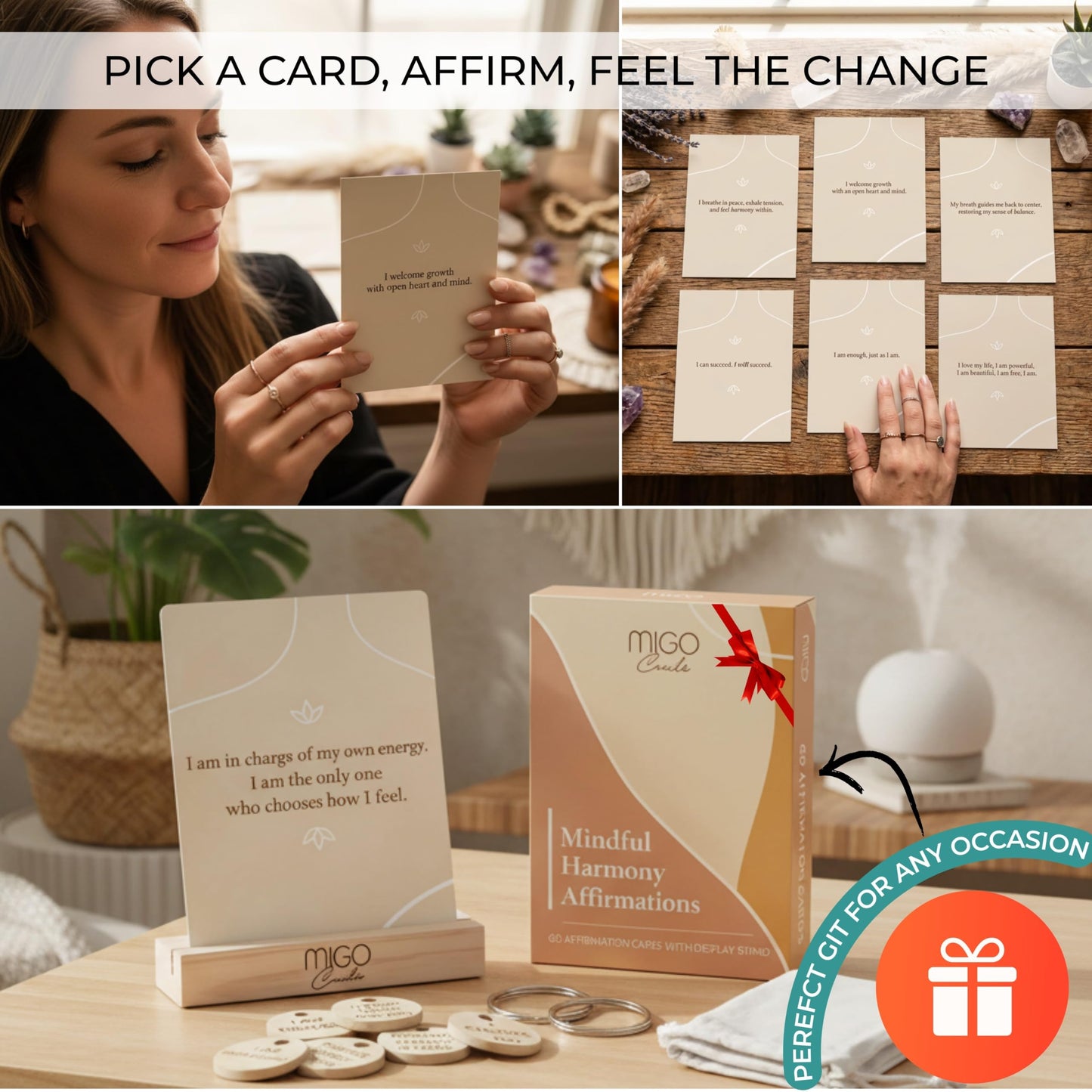 Mindful 60 Positive Affirmation Cards for Women with 10 Inspirational Tokens, 2 Rings & Display Stand, Daily Affirmations for Inspiration & Self Care, Unique Gift Cards for Women and Men