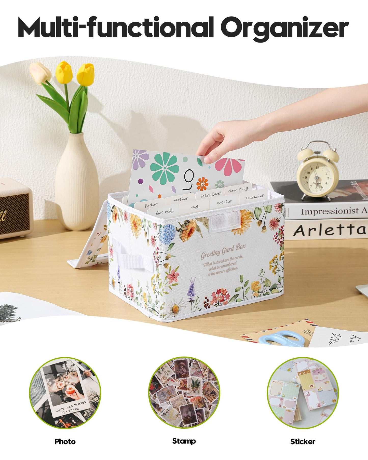 Meunmro Greeting Card Organizer Box With 13 Removable Dividers, Oxford Cloth Card Organizer With Transparent Lid, Store 140+ Cards for Photos, Stamp, Crafts, Envelopes, Sticker, Scrapbooking