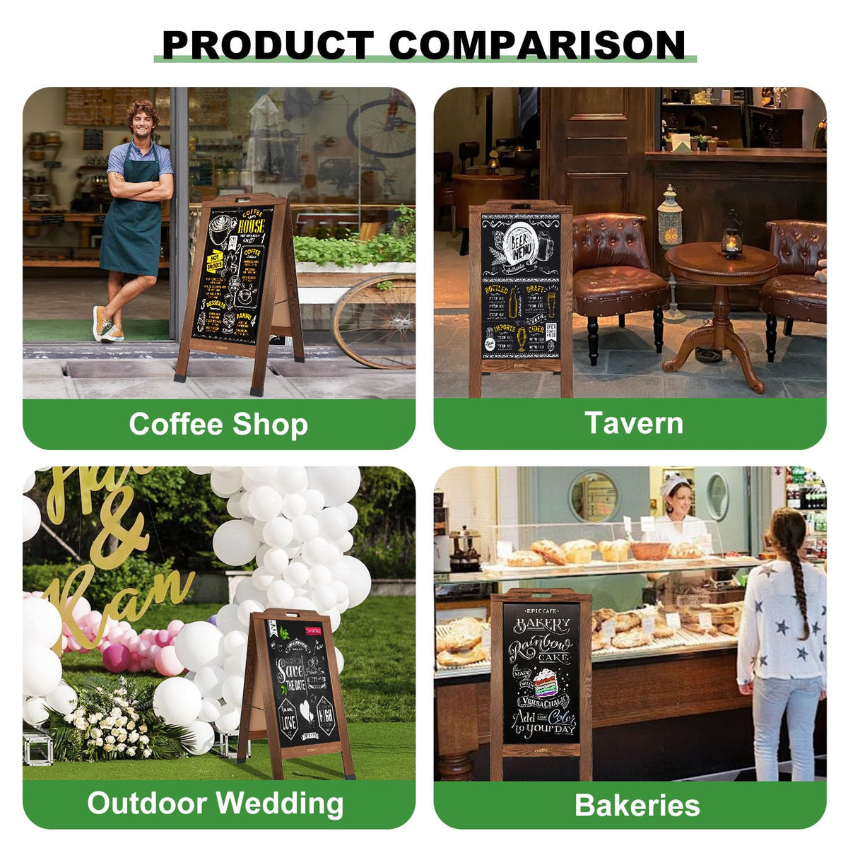 Magnetic Sandwich A-Frame Chalkboard Sign - 40 x 20 Inches, Brown Large Wooden Chalk Board for Sidewalk, Stand up Double-Sided Outdoor Easel Display for Restaurant Cafe Shop Wedding Party or Business