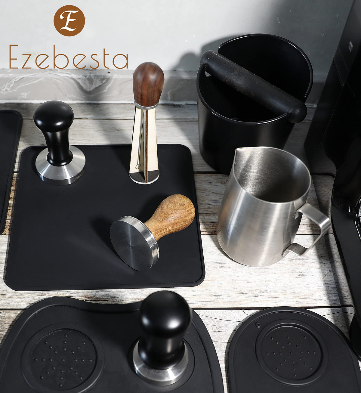 Ezebesta 58mm Coffee Tamper Espresso Press with Tamper Mat Tamper with 304 Stainless Steel Base Wooden Handle Barista Espresso Machines Accessory (58mm)