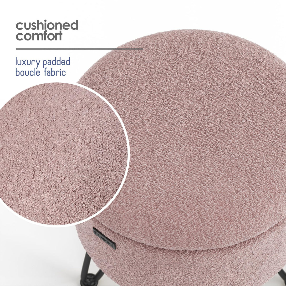 STORAGEBUD Round Ottoman with Storage, Boucle Storage Ottoman, Foot Stool Ottomans, Makeup Vanity Stool, Small Ottomans Foot Rest, Modern Vanity Stools for Living Room and Bedroom, Pink