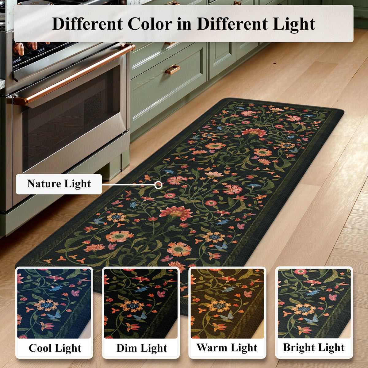 Collive Kitchen Mats for Floor 2PCS, Cushioned Anti Fatigue Mat Non Slip Waterproof Kitchens Sink Rug, Floral Comfort Padded Standing Mat for Laundry, Desk, Bar, Office, 17.3"x29"+17.3"x47", Black