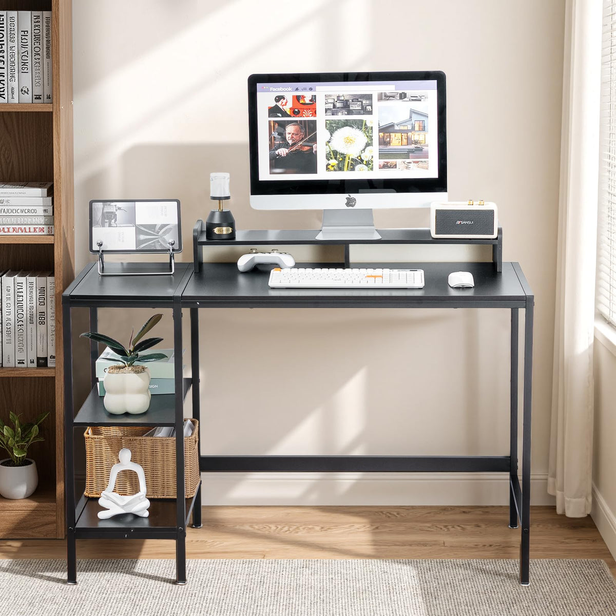 MINOSYS 47-inch Computer Desk with Storage Shelf - Your Ideal Black Gaming Desk for Bedrooms, Small Spaces, and Home Offices. This Modern Writing Desk is Perfectly Suited for PCs.