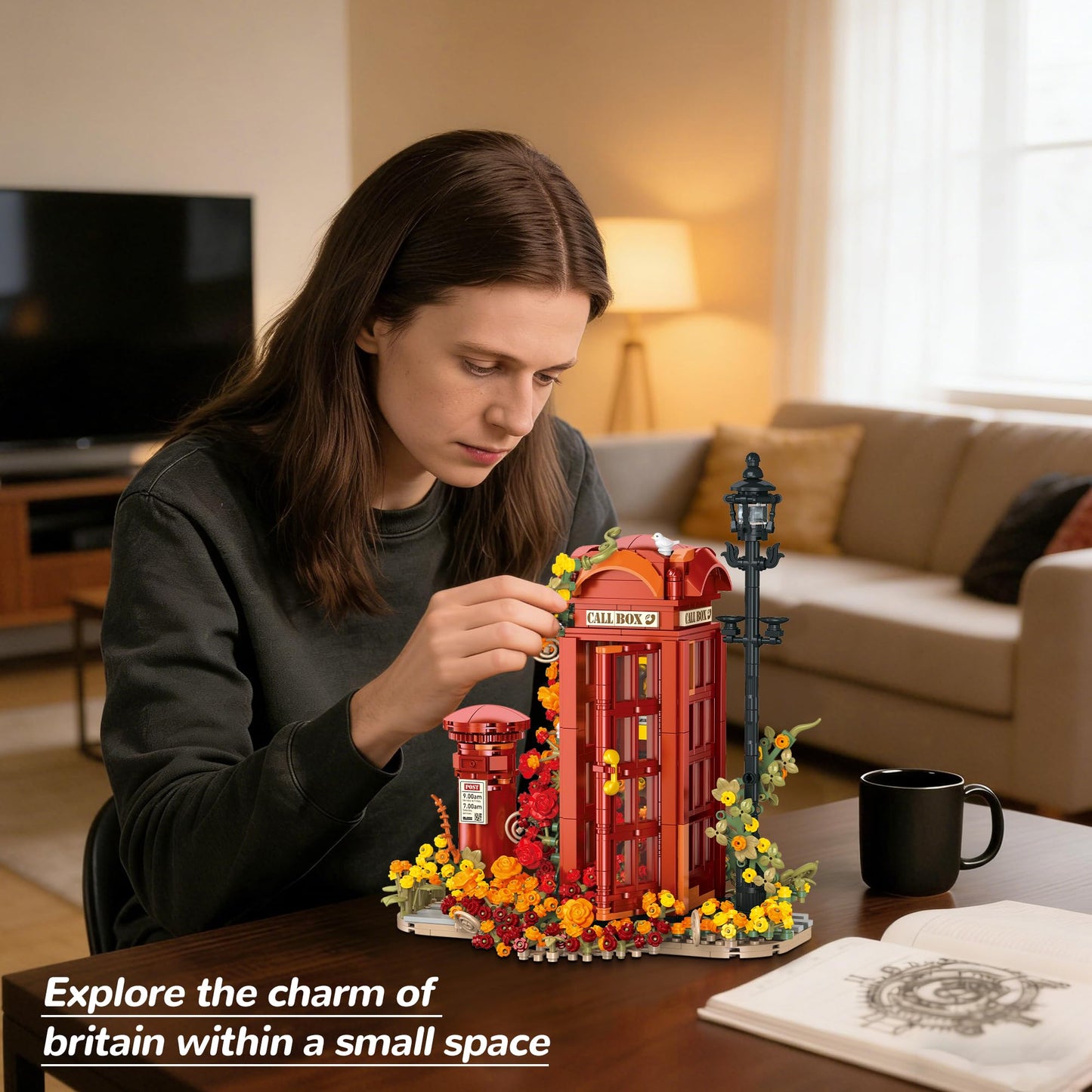 chanbrick Red London Telephone Box Building Set with Roses Flower for Adults Girls, Mailbox Phone Booth Retro Model Souvenir for Home or Office Decor - 1142PCS