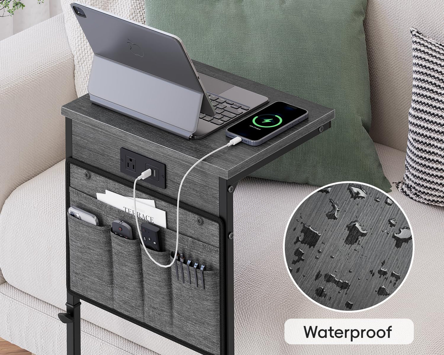 Vagusicc C Shaped End Table with Charging Station, 33" Tall Side Table for Couch, Sofa Table Adjustable Height Couch Side C Table, Slide Under Sofa Tray Table for Living Room Bedroom, Gray Walnut