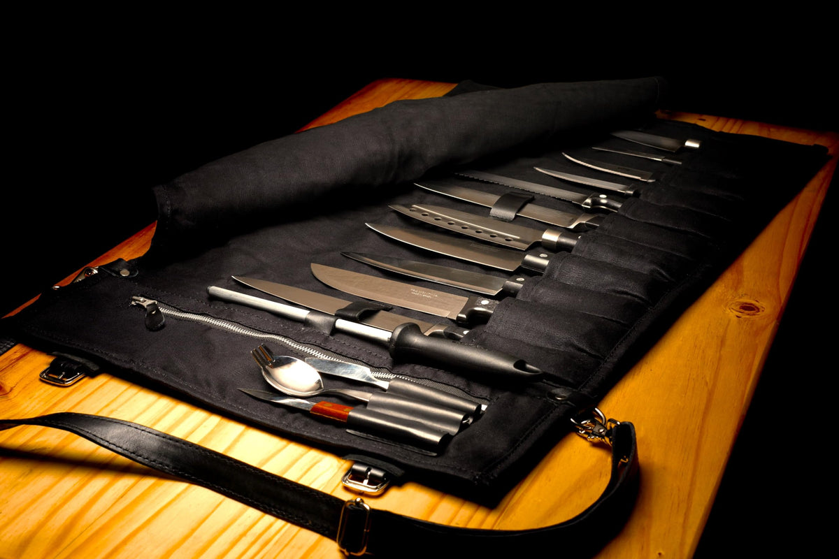 EVERPRIDE Waxed Canvas and Genuine Leather Trim Chef Knife Roll Bag Holds 12 Knives and Cooking Tools – Durable, Large Knife Case – Elegant Chef Bag for Professional Cooks and Students