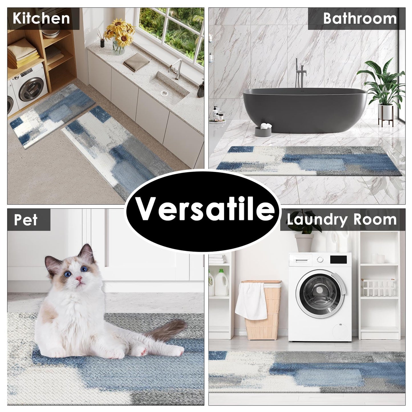 Nesphy Anti-Fatigue Blue Grey Kitchen Rug Set of 2 Cushioned Abstract Rug for Floor, Art Standing Mat Waterproof Non-Slip Mat PVC Ergonomic Comfort Foam Kitchen Decor