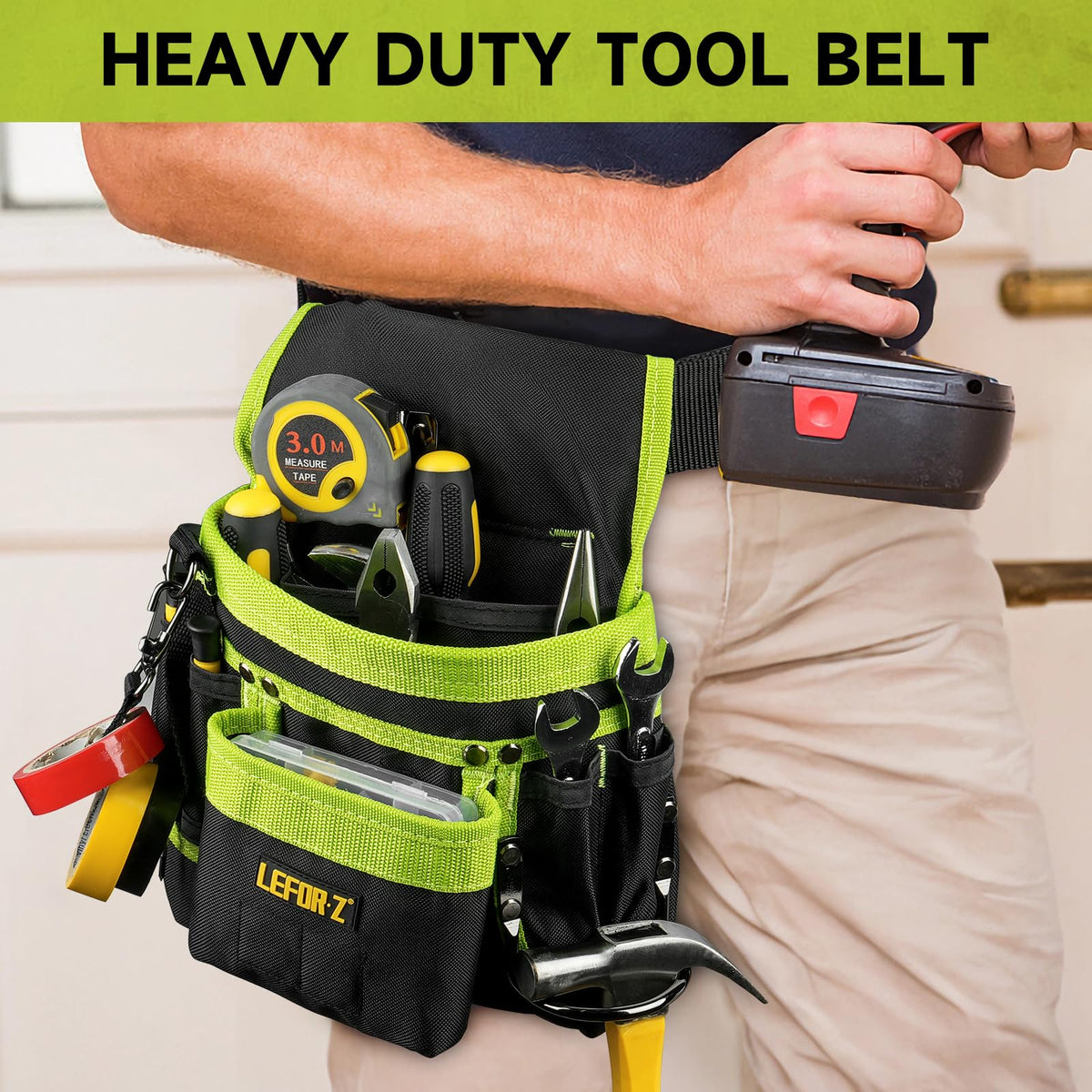 Tool Belt,Magnetic Tool Pouch,14-Pockets Tool Belts for Men,Detachable & Adjustable Tool Pouch belt for Electrician,Carpenter,Construction,Work Apron,Utility Belt,Black-Green