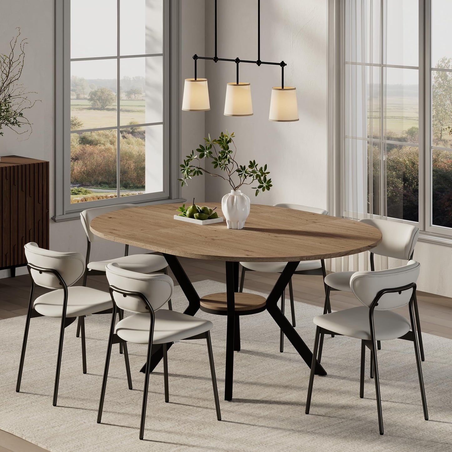 42"-58" Extendable Round Dining Table with Built-in Flip Leaf, Modern Oval Kitchen Table for 4-6, Space-Saving Small Room Furniture with Storage Shelf and X-Shaped Metal Base
