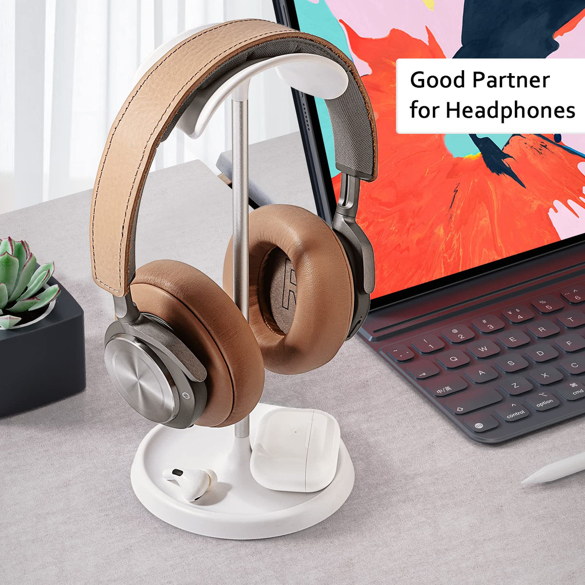 Headphone Stand, Curved Headset Stand with Storage Tray, Heavy Base Gaming Headset Holder for AirPods Max, AirPods, AirPods Pro, Beats, Bose, Sennheiser, Sony and More (White)