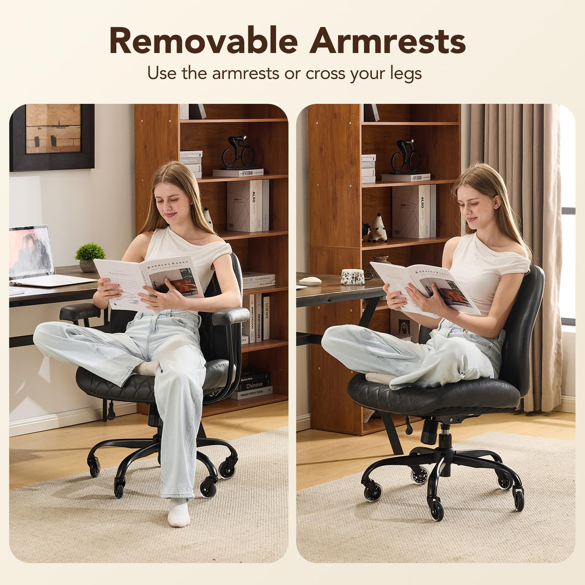 YFO Home Office Desk Chair Office Rubber Casters Ergonomic Computer Chair with Lumbar Support Adjustable Height Rolling Swivel Executive Task Armrests Chair, Black PU