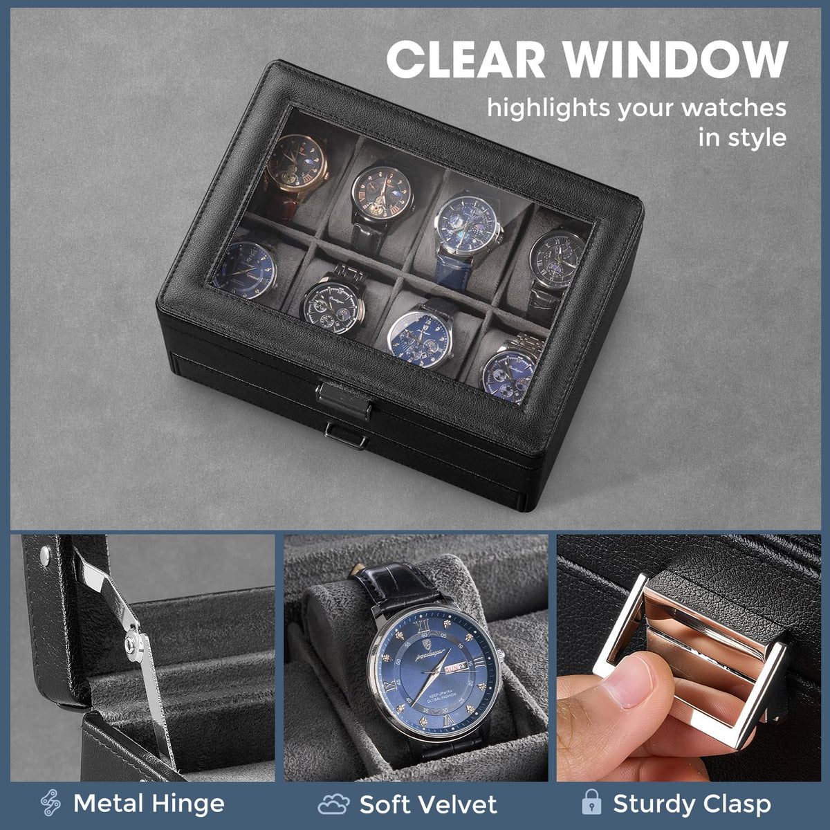 ProCase Watch Box for Men, Jewelry Organizer Box with Drawer, Display Storage Case with Glass Lid -Black, 8 Slot