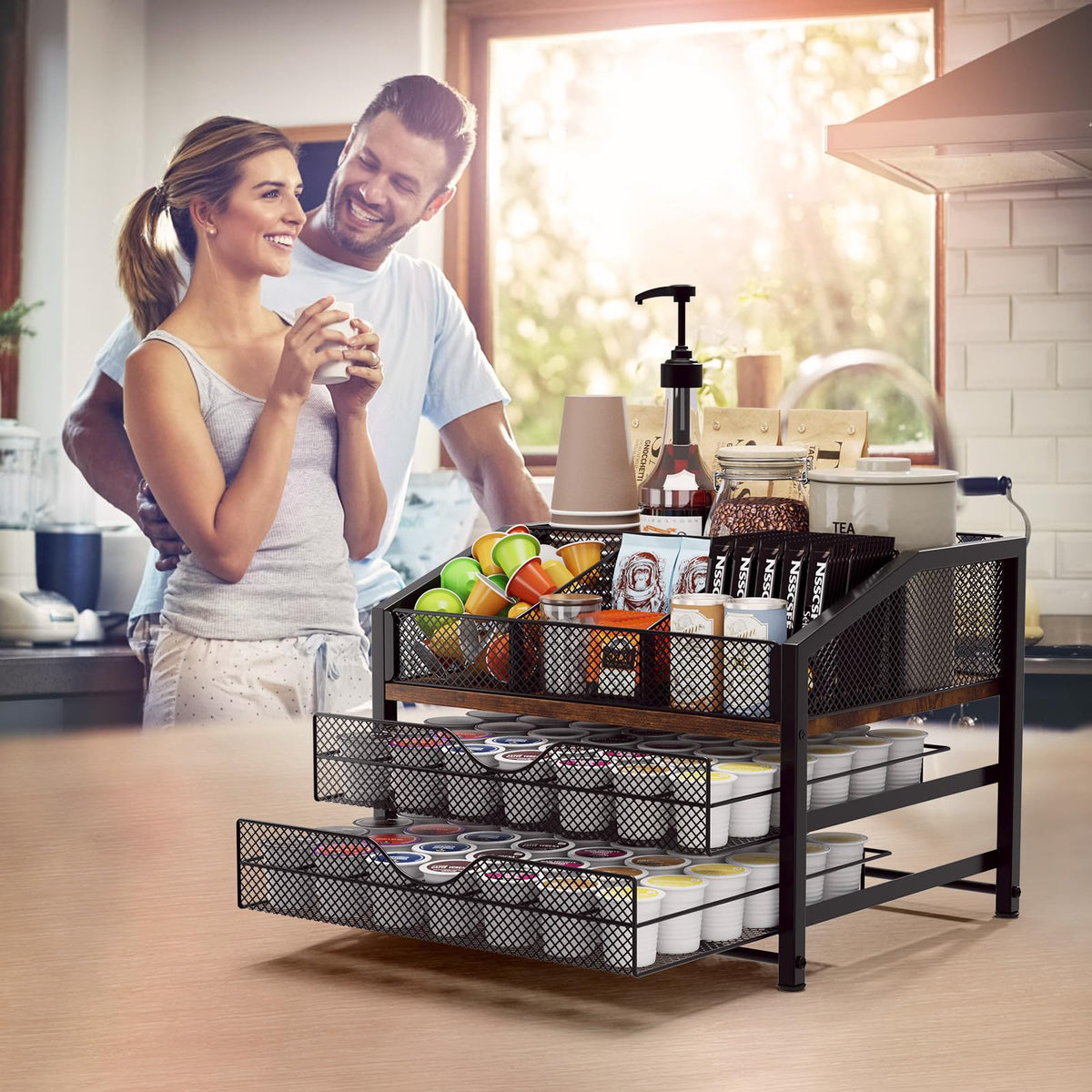 Homsorout Coffee Bar Organizer - Coffee Station for Countertop, Metal and Wood K Cup holder Storage Basket for Coffee Pods, Syrup, Cups, Stirrer, Coffee Condiment, Tea Organizer, Black and Brown