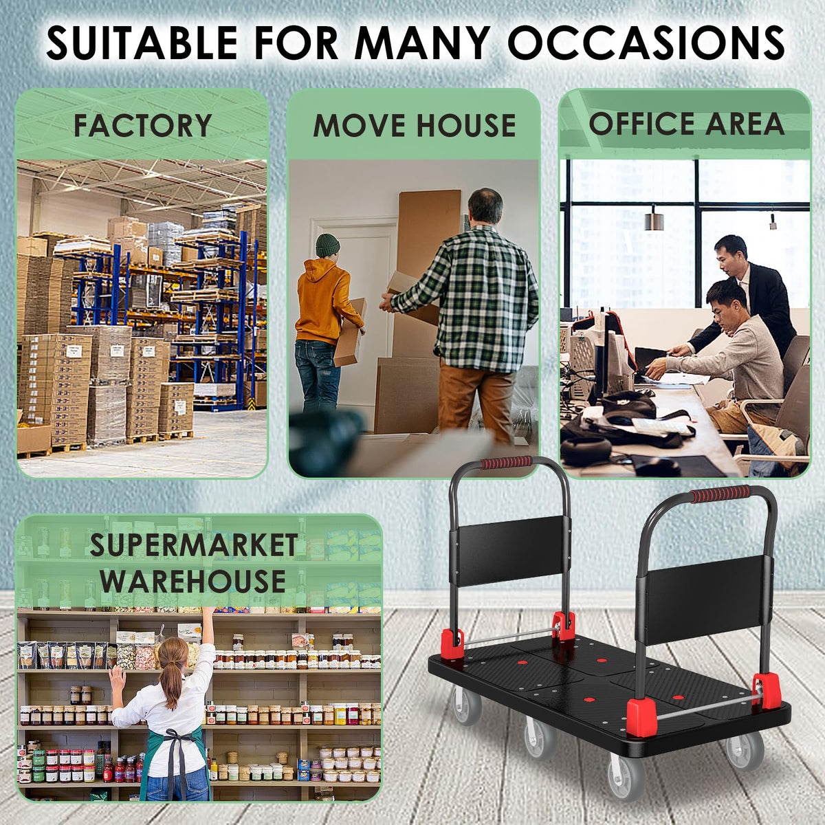 Platform Truck with 2 Handrails and 6 of 6" Wheels 2200lbs Capacity Heavy-Duty Foldable Push Cart Dolly 50" Lx27 W Large Flatbed Hand Cart Moving Dolly Cart for Groceries,Garage,Warehouse