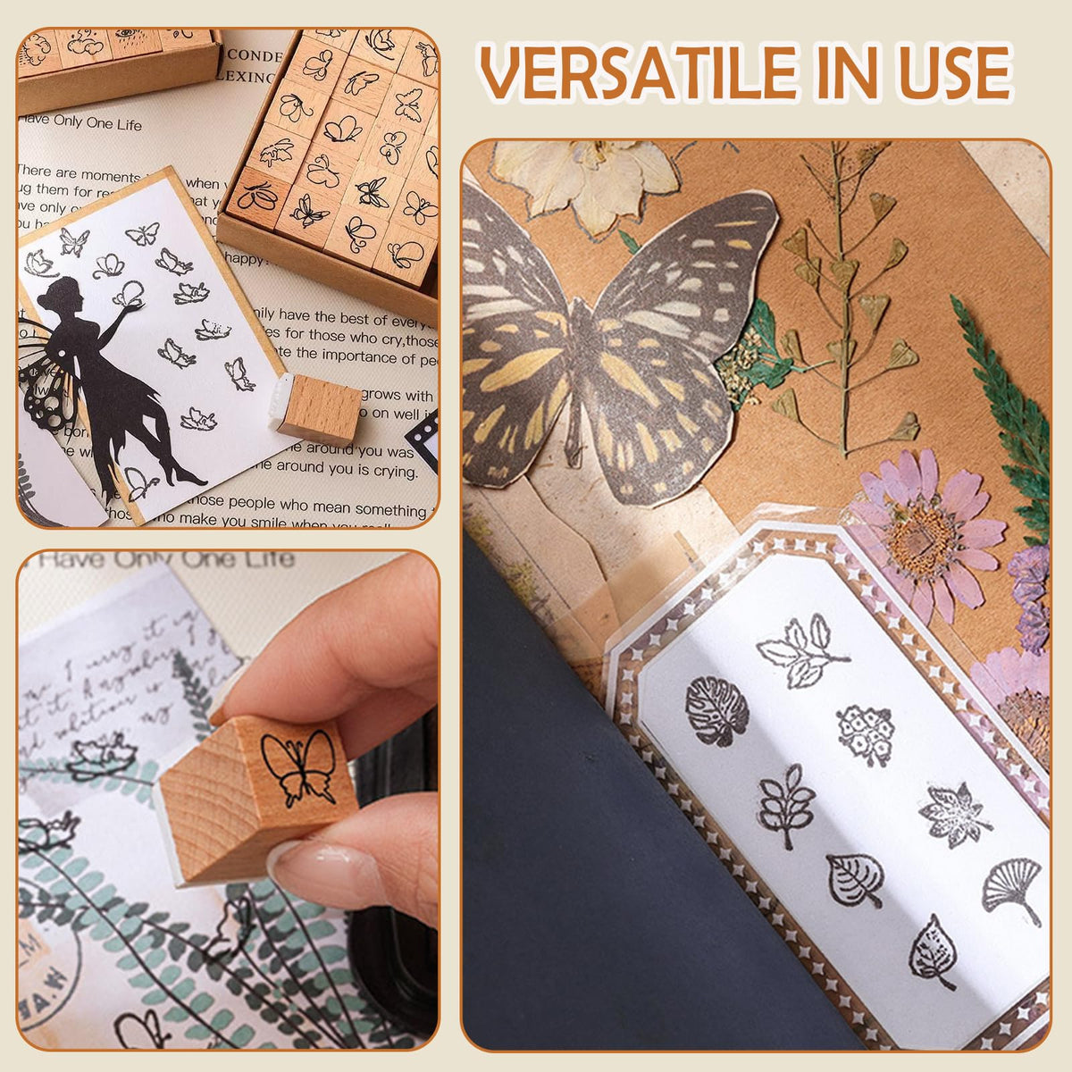 25 Pieces Wooden Rubber Stamp Set, Plant Decorative Wooden Stamp DIY Craft, Cute Butterfly & Botanical Designs for Journals, Scrapbooks, Planners, and DIY Crafts (Butterfly)