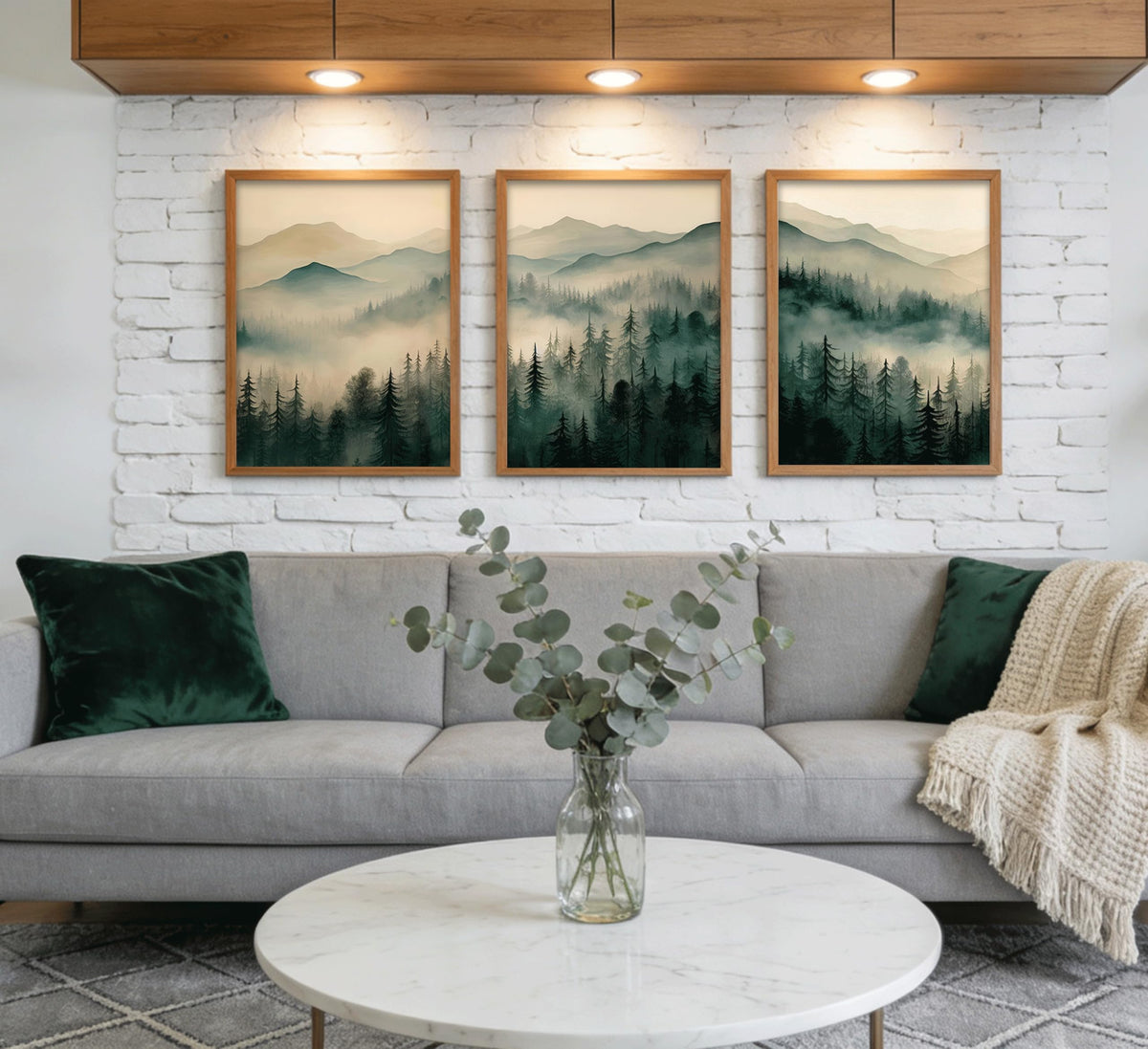 Framed Misty Mountain Forest Wall Art Set, Mordern Calming Pine Forest Oil Painting Canvas Prints, Smoky Mountain Landscape Wall Decor, Green Natural Scenery Poster for Living Room Bedroom Office