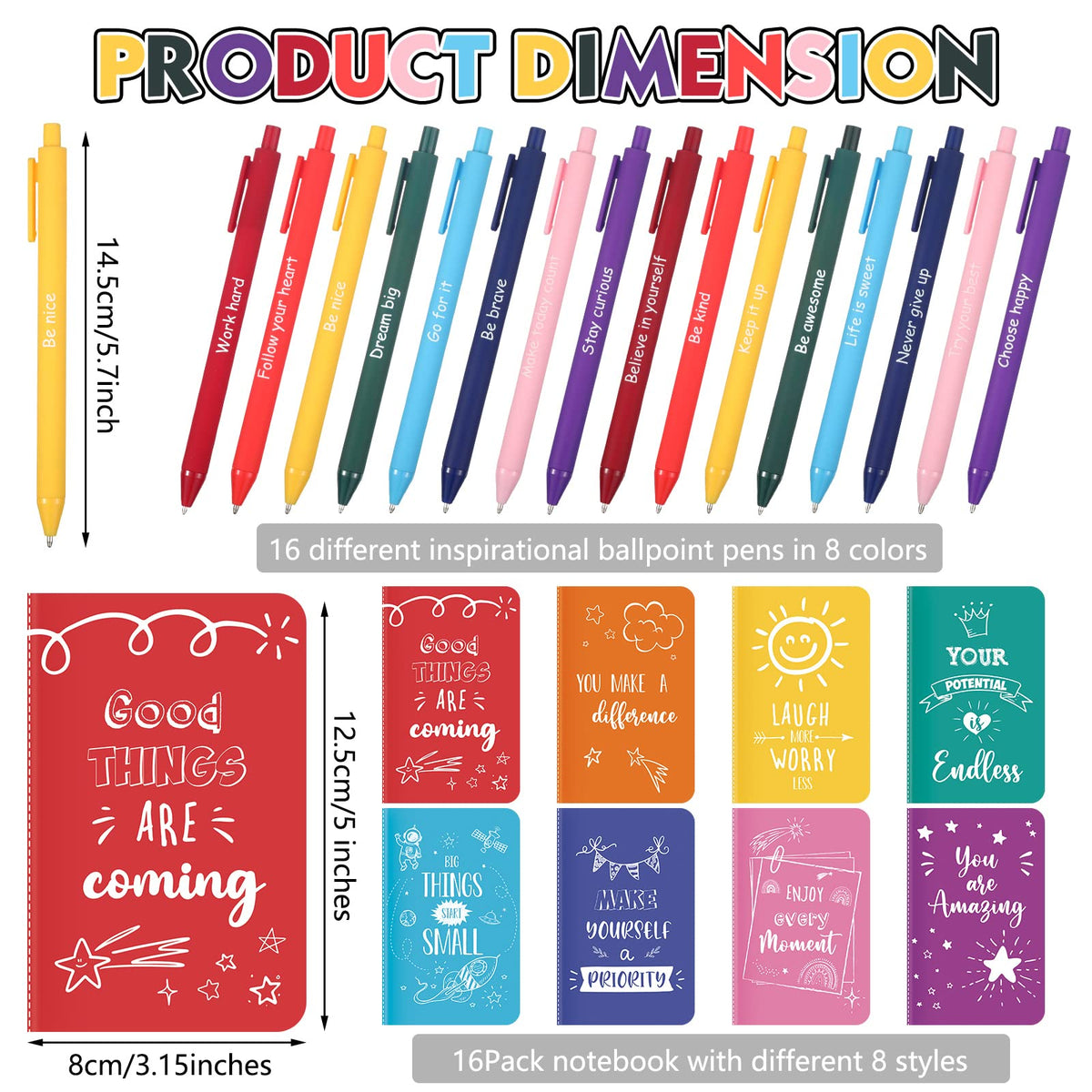 Funrous 32 Pcs Motivational Quote Pens Inspirational Notepads Mini Journal with Ballpoint Pen Small Notebooks Gift for Men Women Coworker Adult Party Favors Prize Teacher Student Office(Minimalistic)